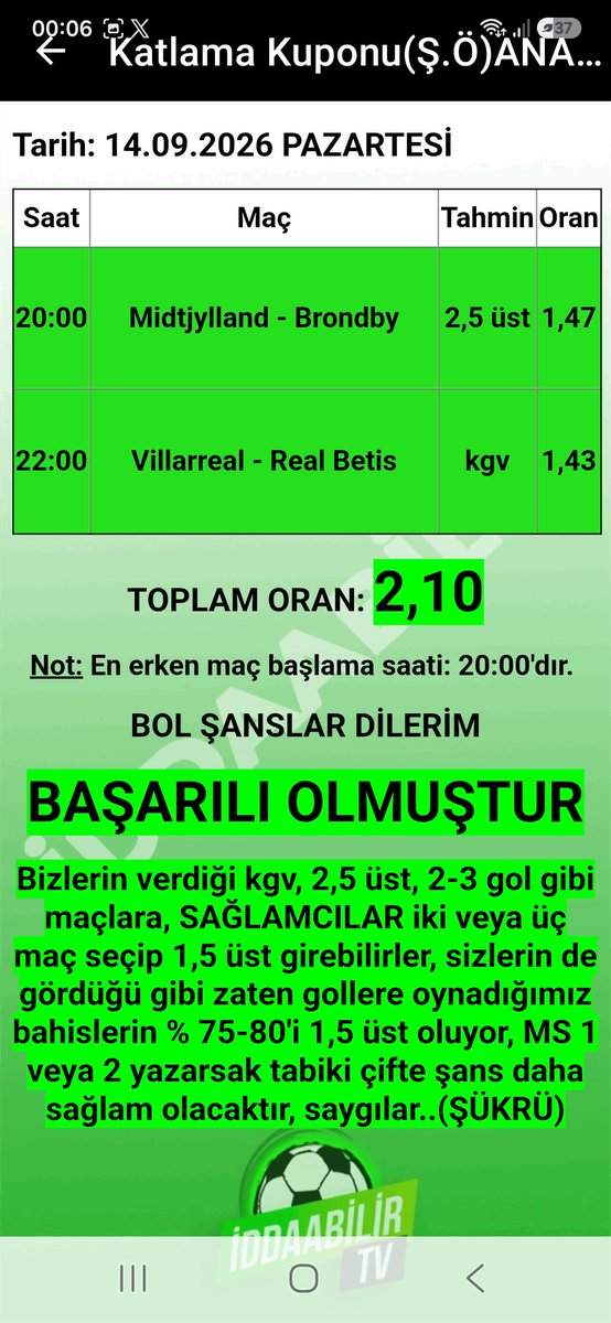 sukru1905's tweet photo. İddaabilir Mobil Uygulamamızda İDDİALI PERFORMANS, paylaştığımız başarısız olan ve BAŞARILI OLAN KUPONLARIMIZ bu şekilde, oynayan ve KAZANAN dostlarımızı TEBRİK EDERİZ.👏🏻👏🏻✅️🔥🧿✍️🏻 
Uygulama Linkleri:
https://t.co/ZSqwHT9AiX
https://t.co/hTNRYhBaXm

#iddaa #iddia #iddaakuponu #iddaabilirtv #sportoto #Galatasaray #Fenerbahce