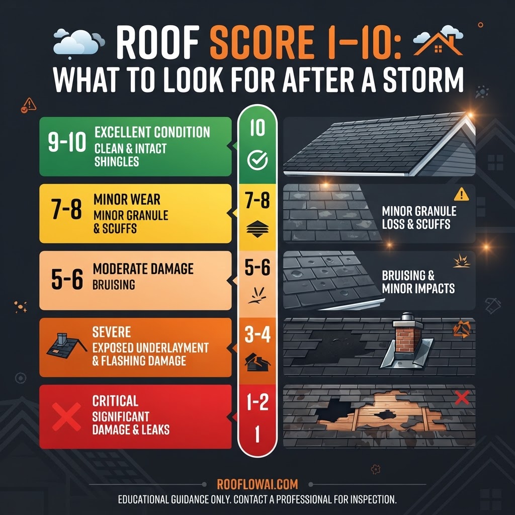 RooFlowAI's tweet photo. After a storm, your roof score tells a story:

1–3: urgent damage. 4–6: inspect soon. 7–10: monitor and maintain.

Get a 60-second AI roof scan—no ladder needed: https://t.co/uPLMrdc68k
#RoofInspection https://t.co/maPrIoJCSC