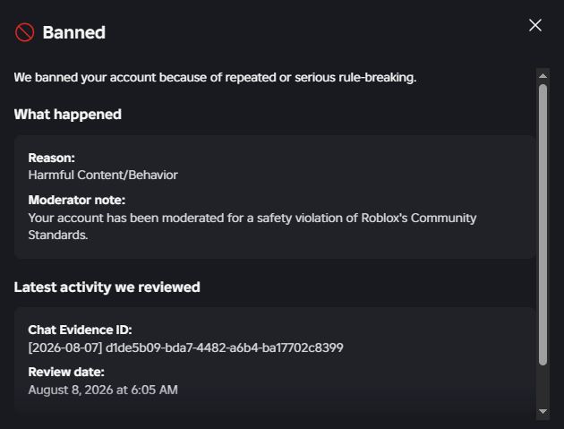 luvrlayy's tweet photo. day 40 of my false perma ban, user: lavlayy (aug 7, 2026) @Roblox 

ten days past the 30-day timeline, and here is support with another automated reply without reading the attachments i sent of proof that i was ignored for a whole month 

#roblox #robloxban #robloxsupport https://t.co/Tl7dUbvnct