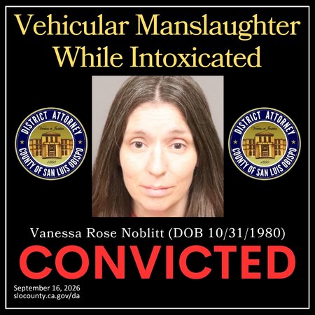 SLOCounty_DA's tweet photo. For the full press release, visit our website https://t.co/gEdH5Q4Sso

District Attorney Dan Dow announced today that Vanessa Rose Noblitt (DOB 10/31/1980) has pled guilty to vehicular manslaughter while intoxicated, driving with a blood alcohol concentration greater than .15 percent causing great bodily injury or death, and hit and run.  The DUI with great bodily injury or death is a violent strike offense under California’s Three Strikes Law.  Noblitt also admitted a factor in aggravation that the victim was particularly vulnerable.

The fatal collision took place about noon on July 23, 2024, when Noblitt, while driving southbound on South Higuera Street in San Luis Obispo, drifted into the bike lane striking 86-year-old cyclist Saul Goldberg.  Mr. Goldberg and his longtime friend, 72-year-old Martin Suits, were riding in sequence in the southbound bike lane when Mr. Goldberg was struck from the side causing him to fall.

Mr. Suits likely collided with Mr. Goldberg and went down as well.  Mr. Suits suffered a concussion and other injuries.  Mr. Goldberg tragically died from his injuries several days later.  Noblitt was later arrested after she struck a parked car in a nearby mobile home park.  It was determined she had a blood alcohol level of .31%.