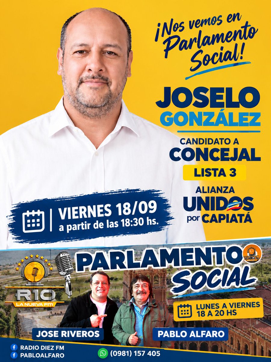 Joselo_2028's tweet photo. Nos vemos este Viernes 18/09 a partir de las 18:30 hs en PARLAMENTO SOCIAL con la conducción de José Riveros y Pablo Alfaro.
Seguí la transmisión en vivo por Radio Diez Fm ! https://t.co/Nd8lUfX2Kv