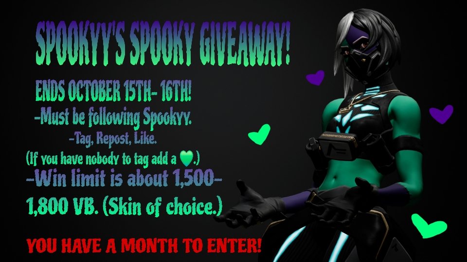 SpookyyFairy's tweet photo. Alright! Announcement time! 🎉🍂✨️🎃

🎃OCTOBER G!VEAWAY!🎃

-MUST be following @SpookyyFairy so I am able to DM the winner by that time. 

-Tag a friend! Nobody to tag? Leave a 💚. 

-ENDS IN A MONTH. OCTOBER 15TH-16TH. 

-Repost, Like. 🔄❤️

-Winner will get choice of skin between 1,500 to 1,800 VBs. 

-Questions? Ask me! 🧡🫂