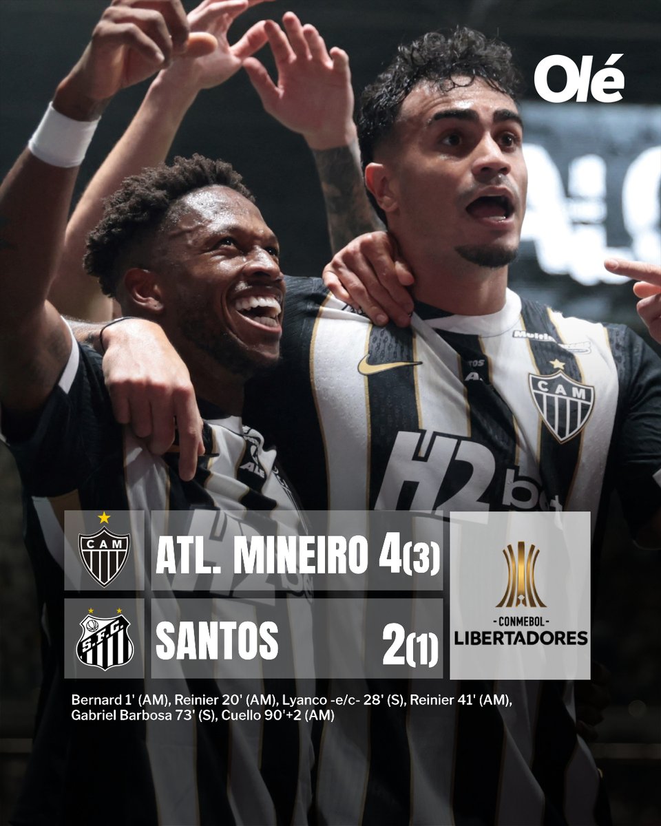 DiarioOle's tweet photo. ¡ATLÉTICO MINEIRO ESTÁ EN SEMIFINALES DE LA SUDAMERICANA! ⚫️⚪️

➡️ El Galo se quedó con la serie ante Santos (sin Neymar) por penales y avanzó en la competencia

🇦🇷 Benjamin Rollheiser y Gonzalo Escobar fueron titulares en el equipo de Cuca, al igual que Tomás Cuello en el de Eduardo Domínguez

🆚 Irá contra el ganador de City Torque vs. Cienciano