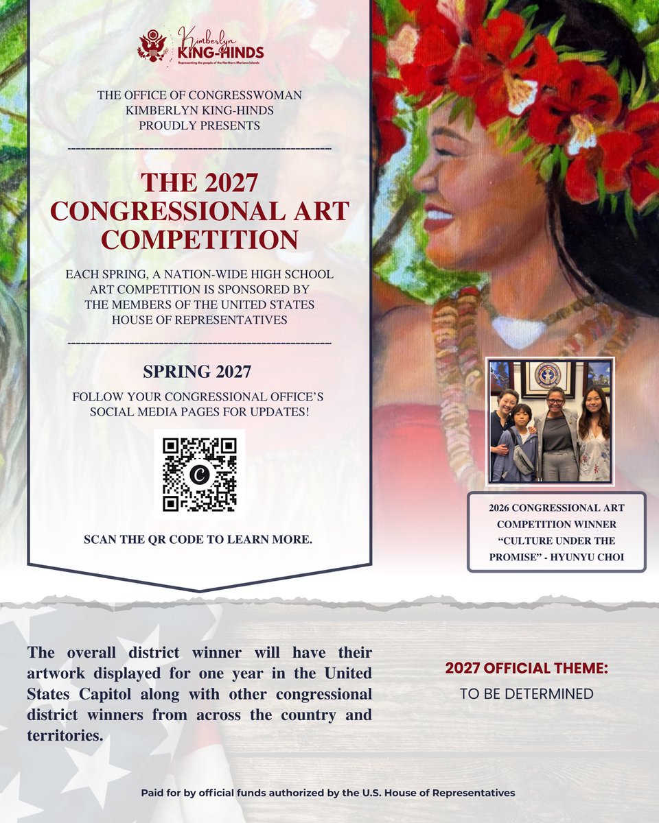 A promotional poster for a congressional high school art competition. It has a large painted portrait of a woman wearing a red flower crown, a small inset photo of several people, a QR code, and a pale background with a U.S. flag motif. The poster includes a substantial amount of text.