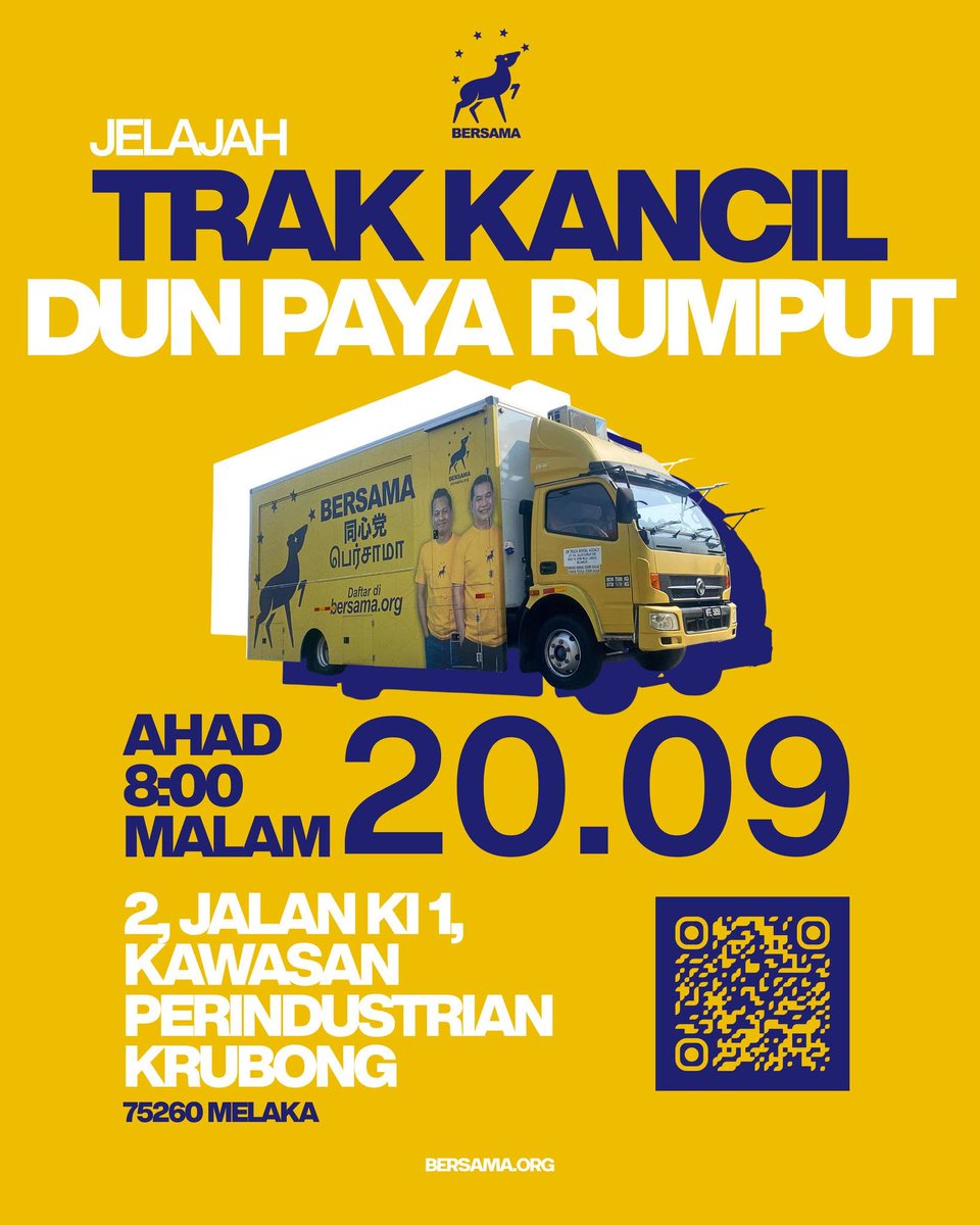 rafiziramli's tweet photo. 𝗞𝗘𝗡𝗗𝗨𝗥𝗜 𝗕𝗘𝗥𝗦𝗔𝗠𝗔 𝗗𝗜 𝗗𝗨𝗡 𝗕𝗘𝗠𝗕𝗔𝗡 & 𝗝𝗘𝗟𝗔𝗝𝗔𝗛 𝗧𝗥𝗔𝗞 𝗞𝗔𝗡𝗖𝗜𝗟 𝗗𝗨𝗡 𝗣𝗔𝗬𝗔 𝗥𝗨𝗠𝗣𝗨𝗧 | 𝟮𝟬 𝗦𝗘𝗣𝗧𝗘𝗠𝗕𝗘𝗥 𝟮𝟬𝟮𝟲 (𝗔𝗛𝗔𝗗)

Luangkan masa bersama kami dalam dua program BERSAMA yang akan berlangsung di Melaka pada Ahad ini. Untuk pengetahuan semua, program BERSAMA di Melaka akan berlangsung dua hari dari 19-20 September.

Kita akan bermula pada waktu pagi dengan Kenduri BERSAMA di DUN Bemban dalam suasana santai bersama orang ramai, ahli, sukarelawan dan masyarakat setempat. Pelbagai aktiviti disediakan untuk semua peringkat usia, termasuk rewang dan gotong-royong, permainan tradisional, e-sukan, pemeriksaan kesihatan serta kaunter guaman.

Pada sebelah malam, Jelajah Trak Kancil akan diteruskan di DUN Paya Rumput. Hadir untuk mengenali lebih dekat isu-isu semasa yang diperjuangkan oleh BERSAMA serta bagaimana BERSAMA berhasrat untuk melakukan sesuatu secara berbeza demi masa depan Malaysia yang lebih baik.

𝗞𝗘𝗡𝗗𝗨𝗥𝗜 𝗕𝗘𝗥𝗦𝗔𝗠𝗔 𝗗𝗨𝗡 𝗕𝗘𝗠𝗕𝗔𝗡

📅 Ahad, 20 September 2026
🕒 9.00 pagi hingga 4.00 petang
📍 Villa Mak Ngah Homestay Kg Air Panas, Kampung Air Panas, 77200 Bemban, Melaka
🔗 https://t.co/yMGAMwcsLR 

Kenduri ini terbuka kepada semua orang ramai. Boleh daftarkan kehadiran di pautan ini:
https://t.co/cH95FnJ8xe 

𝗝𝗘𝗟𝗔𝗝𝗔𝗛 𝗧𝗥𝗔𝗞 𝗞𝗔𝗡𝗖𝗜𝗟 𝗗𝗨𝗡 𝗣𝗔𝗬𝗔 𝗥𝗨𝗠𝗣𝗨𝗧

📅 Ahad, 20 September 2026
🕒 8.00 malam
📍 2, Jalan Ki 1, Kawasan Perindustrian Krubong, 75260 Melaka
🔗 https://t.co/kGzDYrZ48O 

Orang ramai boleh mendaftar kehadiran melalui laman web BERSAMA atau dengan mengimbas kod QR yang tertera pada visual: https://t.co/tmrMepMCBd 

Ahli BERSAMA juga boleh mendaftar melalui Aplikasi Kancil atau laman https://t.co/fCMc3GZgC5.

Muat turun Aplikasi Kancil untuk pengguna Android di:
https://t.co/Uv9R3Tnh6V 

Bawa bersama ahli keluarga dan rakan-rakan. Sama ada di Bemban pada sebelah pagi atau di Paya Rumput pada sebelah malam, semua dijemput hadir untuk mengenali BERSAMA dan turut serta dalam gerak kerja di kawasan masing-masing.