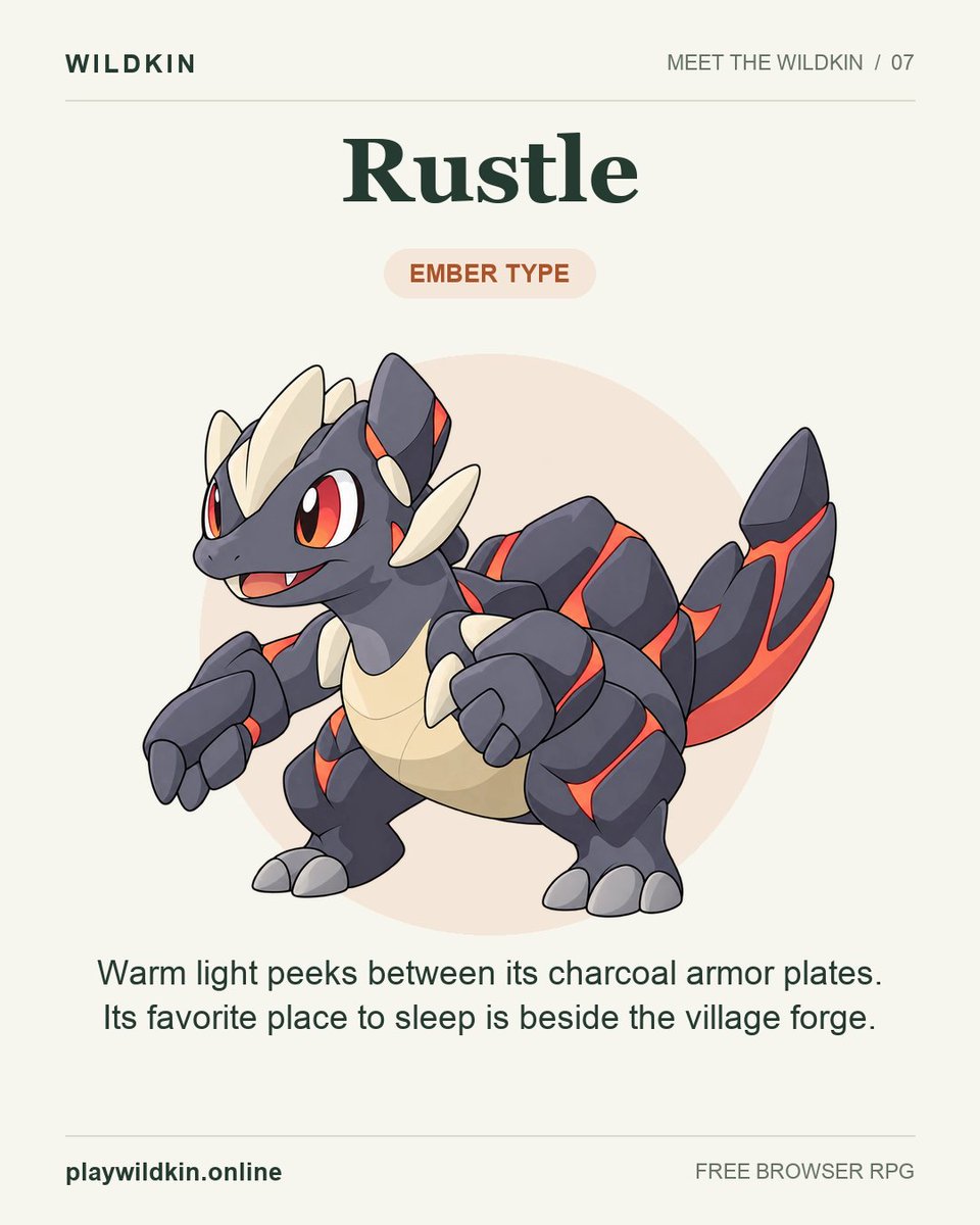 playwildkin's tweet photo. Meet Rustle, an Ember creature in Wildkin.

Warm light peeks between its charcoal armor plates. Its favorite place to sleep is beside the village forge.

#pokemon #creatures #art https://t.co/VYZzDyQdoL