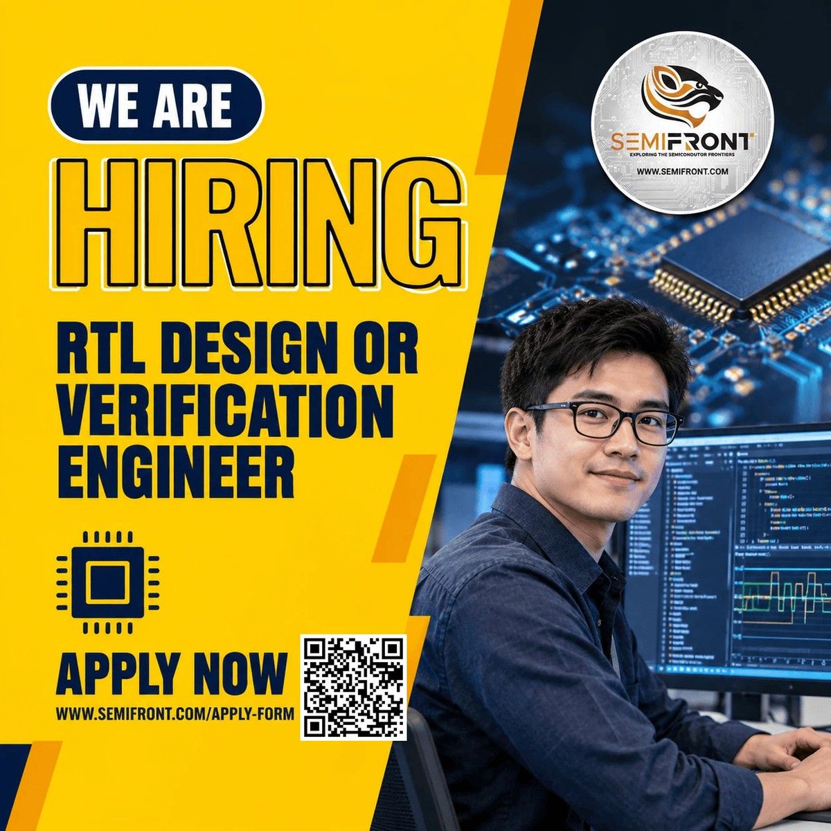 SemifrontTech's tweet photo. 🚀 Semifront is hiring! We're looking for RTL Design &amp; Verification Engineers to help build the chips of tomorrow.

Apply → https://t.co/gqGZFLXRST

#Semiconductors #VLSI #ChipDesign #Hiring #Semifront https://t.co/bfykbPq237