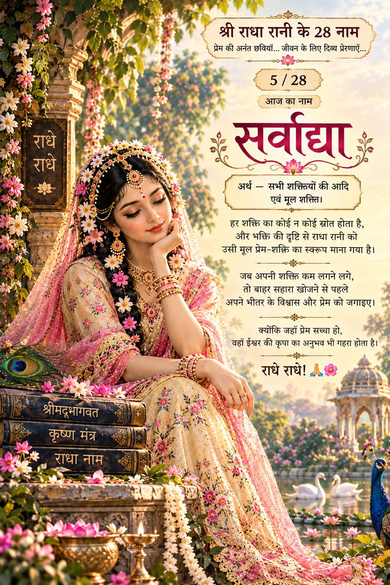 the_gbsir's tweet photo. 🌸 श्री राधा रानी के 28 नाम — 5/28

आज का नाम — “सर्वाद्या” 🙏

अर्थ: सभी शक्तियों की आदि एवं मूल शक्ति।

राधा रानी का यह नाम हमें याद दिलाता है कि
सच्ची शक्ति केवल सामर्थ्य में नहीं, प्रेम, करुणा और विश्वास में होती है। 🌸

जब जीवन में लगे कि शक्ति कम पड़ रही है,
तो बाहर सहारा खोजने से पहले
अपने भीतर के विश्वास और प्रेम को जगाइए।

जिस हृदय में प्रेम जीवित है,
वहाँ कठिन से कठिन समय में भी
ईश्वर की कृपा का प्रकाश बना रहता है। ❤️

राधे राधे! 🙏🌸
#RadheRadhe #RadhaRani #Sarvadya #Bhakti