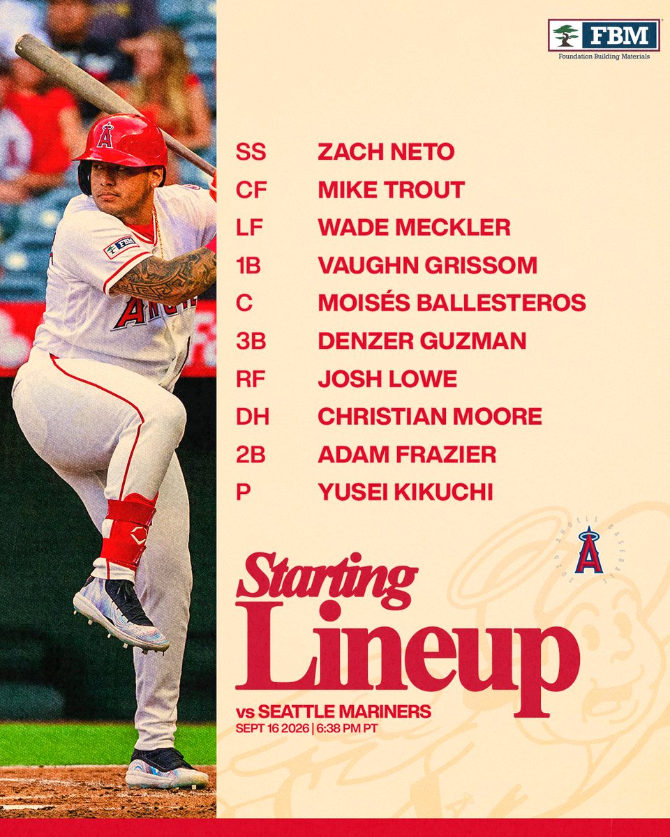 September 16 Lineup vs Mariners: SS Zach Neto, CF Mike Trout, LF Wade Meckler, 1B Vaughn Grissom, C Moisés Ballesteros, 3B Denzer Guzman, RF Josh Lowe, DH Christian Moore, 2B Adam Frazier, P Yusei Kikuchi