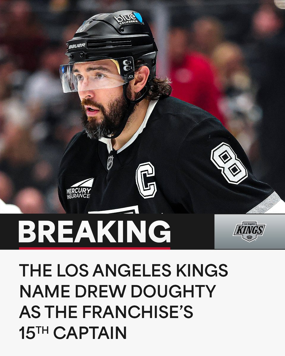 Top: A photo of Drew Doughty in a Kings uniform with a "C" on his jersey.
Bottom: White and black text on black and white backgrounds that reads "The Los Angeles Kings name Drew Doughty as the franchise's 15th captain". The Kings logo is to the right on a gray background.