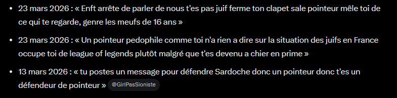 Sardoche's tweet photo. @GirlPasSioniste Meuf, t'as été bloquée automatiquement par mon bot, ça ne m'a même pas coûté un clic.

Le simple fait que tu penses qu'on aurait pu se retrouver au même endroit sur cette planète et que je t'aurais donné l'heure démontre ta maladie mentale.

Il faut se faire soigner. https://t.co/48OALsX3Dl
