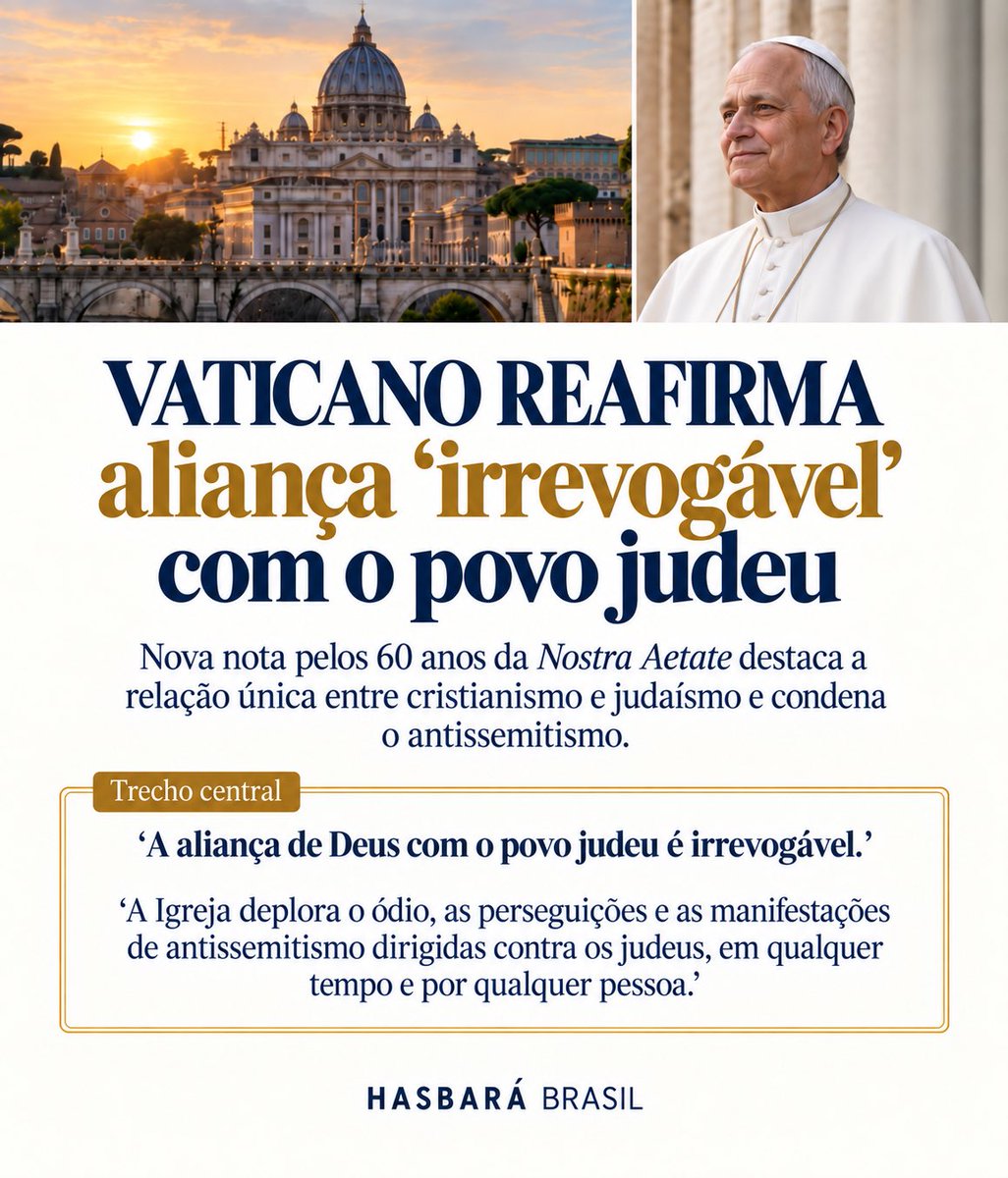 hasbarabrasil's tweet photo. 🚨 VATICANO REAFIRMA A RELAÇÃO ÚNICA ENTRE CRISTIANISMO E JUDAÍSMO

Sessenta anos depois da Nostra Aetate, o Vaticano volta a reafirmar de maneira inequívoca o vínculo profundo entre a Igreja e o povo judeu.

“A aliança de Deus com o povo judeu é irrevogável.”

O novo documento recorda que a relação entre cristãos e judeus não é apenas uma questão de diálogo diplomático ou convivência entre religiões. Ela toca a própria identidade do cristianismo, que nasceu do judaísmo e possui raízes inseparavelmente judaicas.

E, diante do crescimento do antissemitismo, inclusive em ambientes cristãos e entre pessoas que se identificam como católicas, a mensagem do Vaticano não deixa espaço para ambiguidades:

“A Igreja deplora o ódio, as perseguições e as manifestações de antissemitismo dirigidas contra os judeus, em qualquer tempo e por qualquer pessoa.”

A Nostra Aetate nasceu justamente como resposta às consequências trágicas do antissemitismo que culminaram na Shoá. Seis décadas depois, o Vaticano considera essa missão ainda necessária.

O documento também recorda que:

“Todos os cristãos têm uma relação especial com o judaísmo.”

E deixa claro que diálogo não significa abandonar convicções religiosas. Pelo contrário: deve existir sem “relativismo” ou “sincretismo”, conciliando identidade religiosa firme com respeito verdadeiro pelo outro.

Em um momento em que velhos preconceitos contra judeus voltam a aparecer também revestidos de linguagem religiosa, vale lembrar o que a própria Igreja ensina:

O antissemitismo é incompatível com a relação que o cristianismo reconhece ter com o povo judeu.

O link para a declaração do Vaticano está no primeiro comentário.