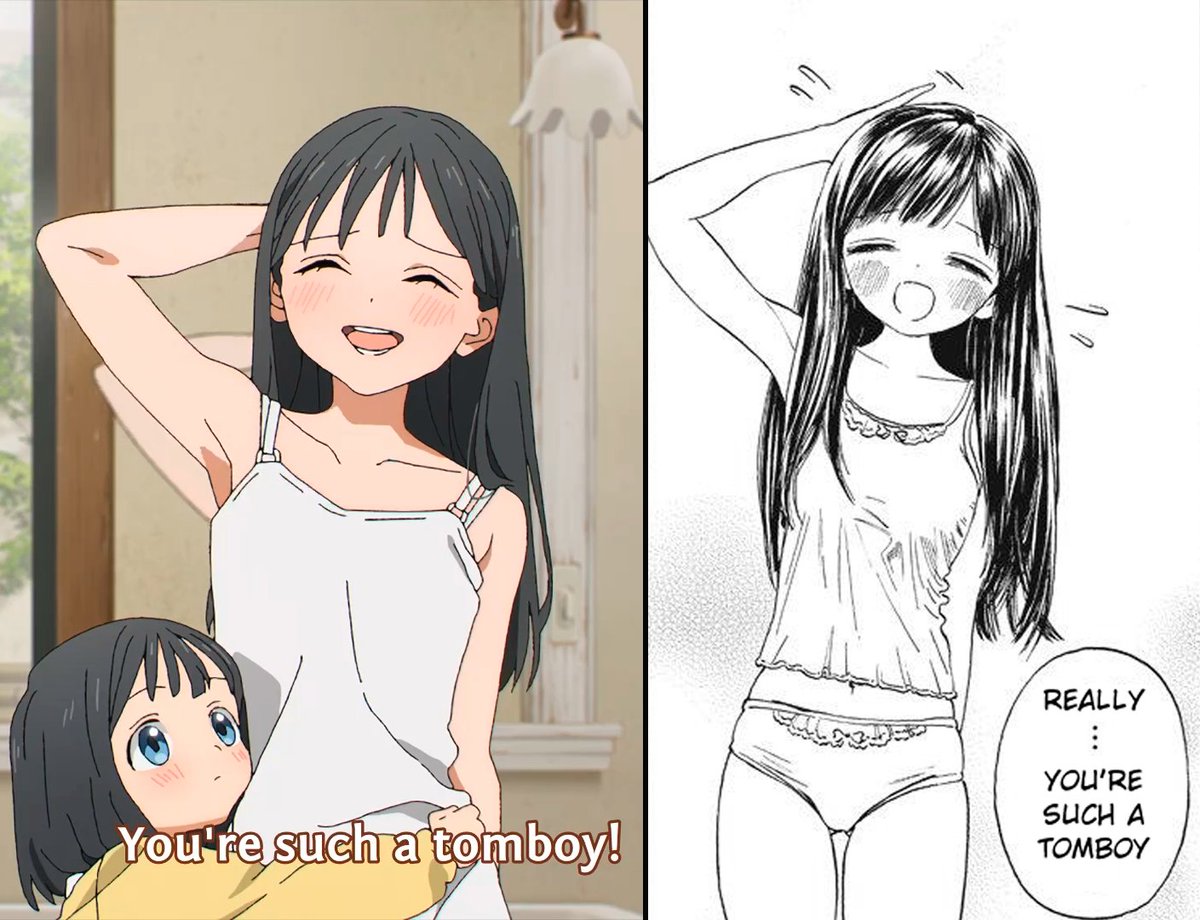 Yuri_SRL3's tweet photo. Started comparing some details between the Akebi anime and manga. Kao hugging her sister here is some quite curious "censoring", but it looks natural and wholesome so both work nicely https://t.co/eAcwB5ya8K