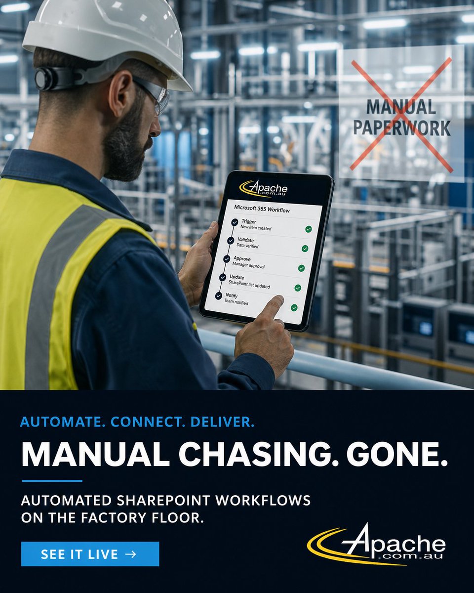 ApacheIT's tweet photo. Transform your operations by eliminating manual paperwork. Apache delivers automated SharePoint workflows, streamlining processes and driving efficiency on your factory floor. Stop chasing processes and start achieving outcomes. https://t.co/awPIUwUH5j