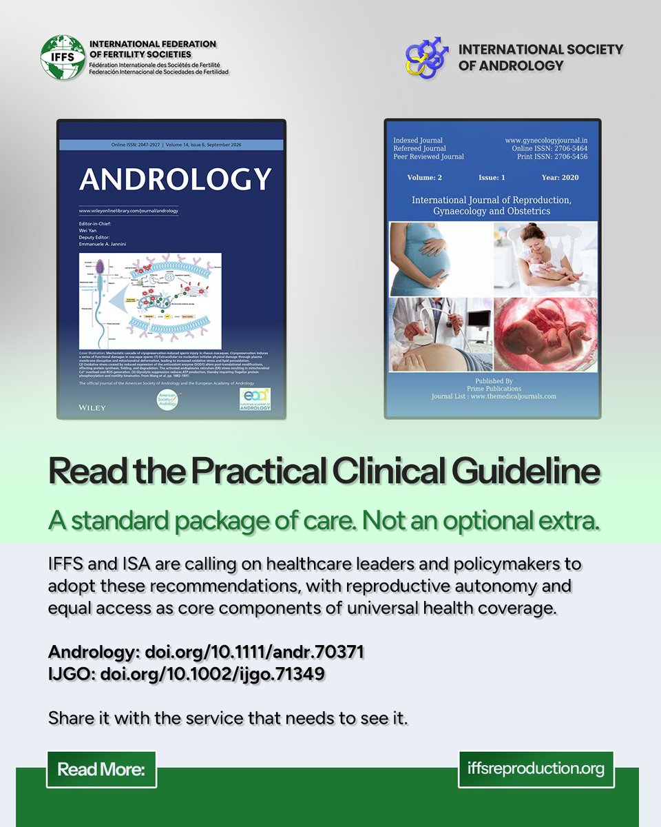 iffsfertility's tweet photo. IFFS and ISA have issued a new joint Practice Guideline

The guideline integrates three interconnected areas:

* Sexuality
* Infertility
* Contraception

Andrology: https://t.co/gvKHHqWRkE

International Journal of Gynecology &amp; Obstetrics: https://t.co/I2NkjBfR34

#andrology https://t.co/PJqNfUFJvI