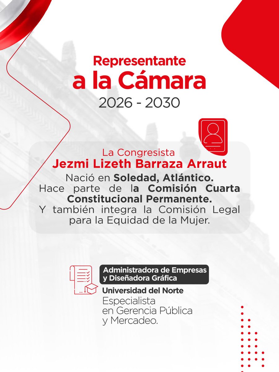 PartidoLiberal's tweet photo. Desde el Partido Liberal Colombiano celebramos a nuestra representante @JezBarraza en la Cámara de Representantes para el periodo 2026–2030.
Jezmi representa una nueva generación de liderazgo que llega al Congreso con el compromiso de trabajar por su departamento y por Colombia. https://t.co/wC3SlqU9jr