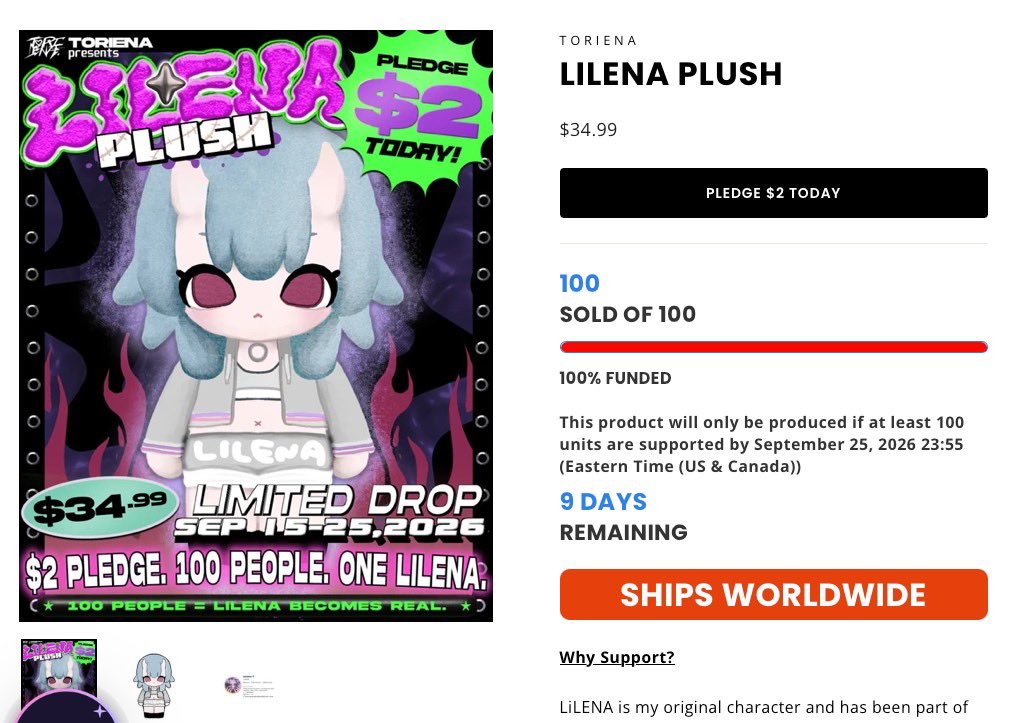 toriena's tweet photo. WE DID IT!!! 100/100 達成👽❤️‍🔥

みなさんのおかげで、
LiLENAちゃんのぬいぐるみ化が決定しました！！！
本当に本当にありがとうございます😭❤️‍🔥

これからしっかり監修して、
かわいいLiLENAをみなさんの元へお届けできるよう制作を進めていきます！👽💗

そして、100人達成後もキャンペーン期間中はLiLENA PLUSHをお迎えいただけます！
まだPLEDGEも受付中です👽❤️‍🔥

今後の流れや詳細については、Gimme Swagのキャンペーンページをご確認ください！

100人のみなさま、本当にありがとうございます！