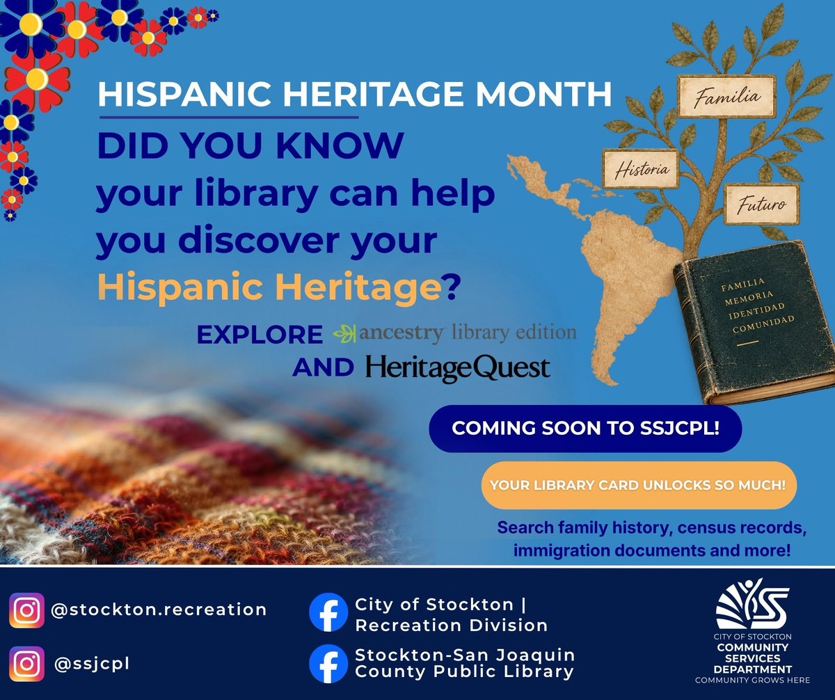 SSJCPL's tweet photo. Coming soon through the Stockton-San Joaquin County Public Library, cardholders will have access to Ancestry® Library Edition and HeritageQuest® Online! These resources can help you explore family history, census records, immigration documents and more. https://t.co/s2TkEJyC7m