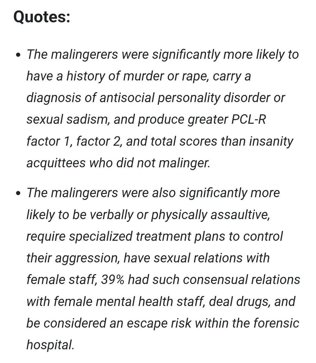 Verai3ty's tweet photo. These weren't like the "nice" psychopaths either. 100% were verbally or physically assaultive toward staff (vs 17% of controls), 44% dealt drugs inside the ward, and 17% escaped. Meanwhile, the more compliant, less-violent comparison group had a 0% success rate with female staff. https://t.co/GDrQeCav7r
