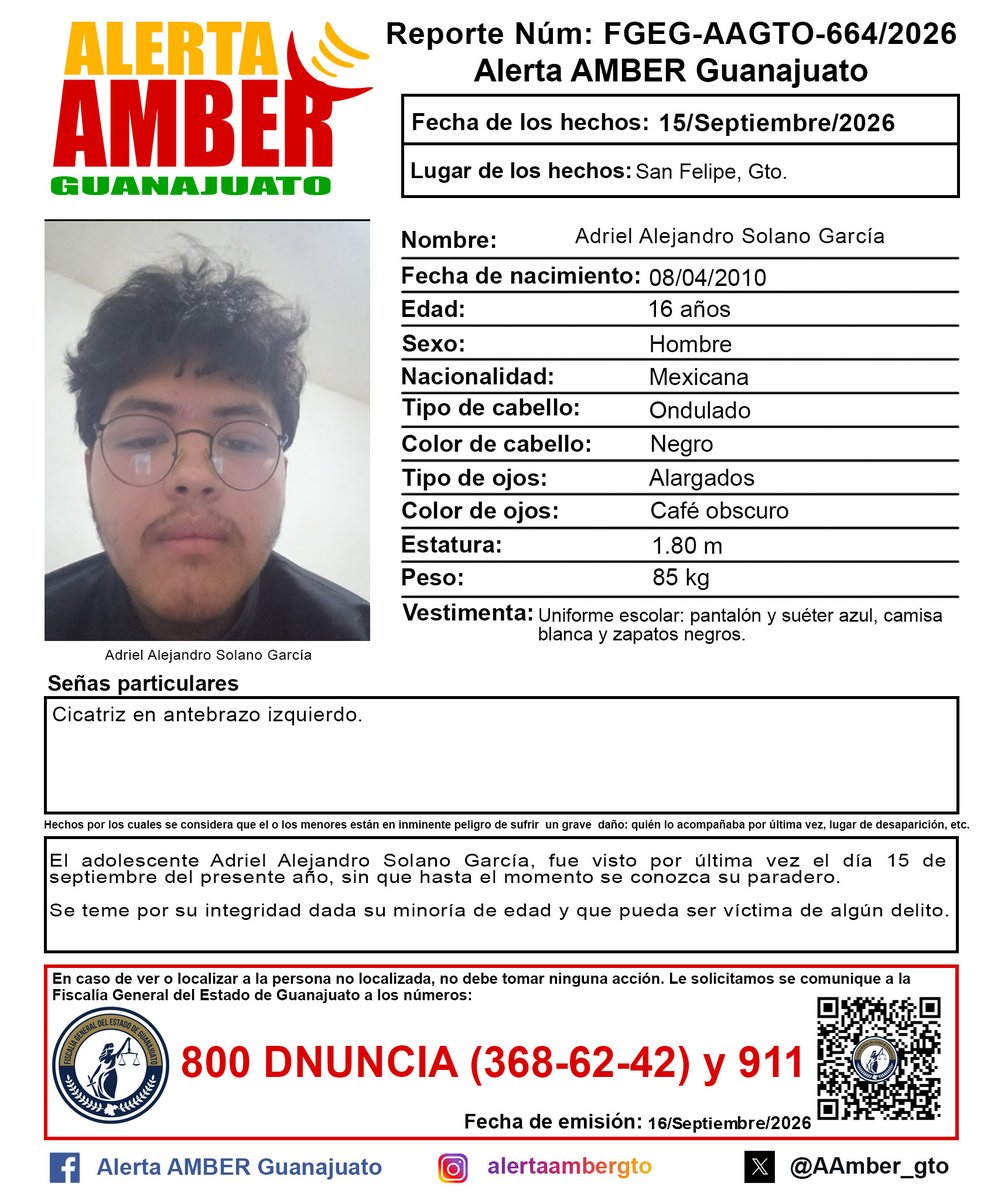 AAMBER_gto's tweet photo. Activación de la Alerta AMBER Guanajuato del adolescente Adriel Alejandro Solano García de 16 años, San Felipe, Gto. ¡Ayúdanos a localizarlo! https://t.co/phvtOnUmSd