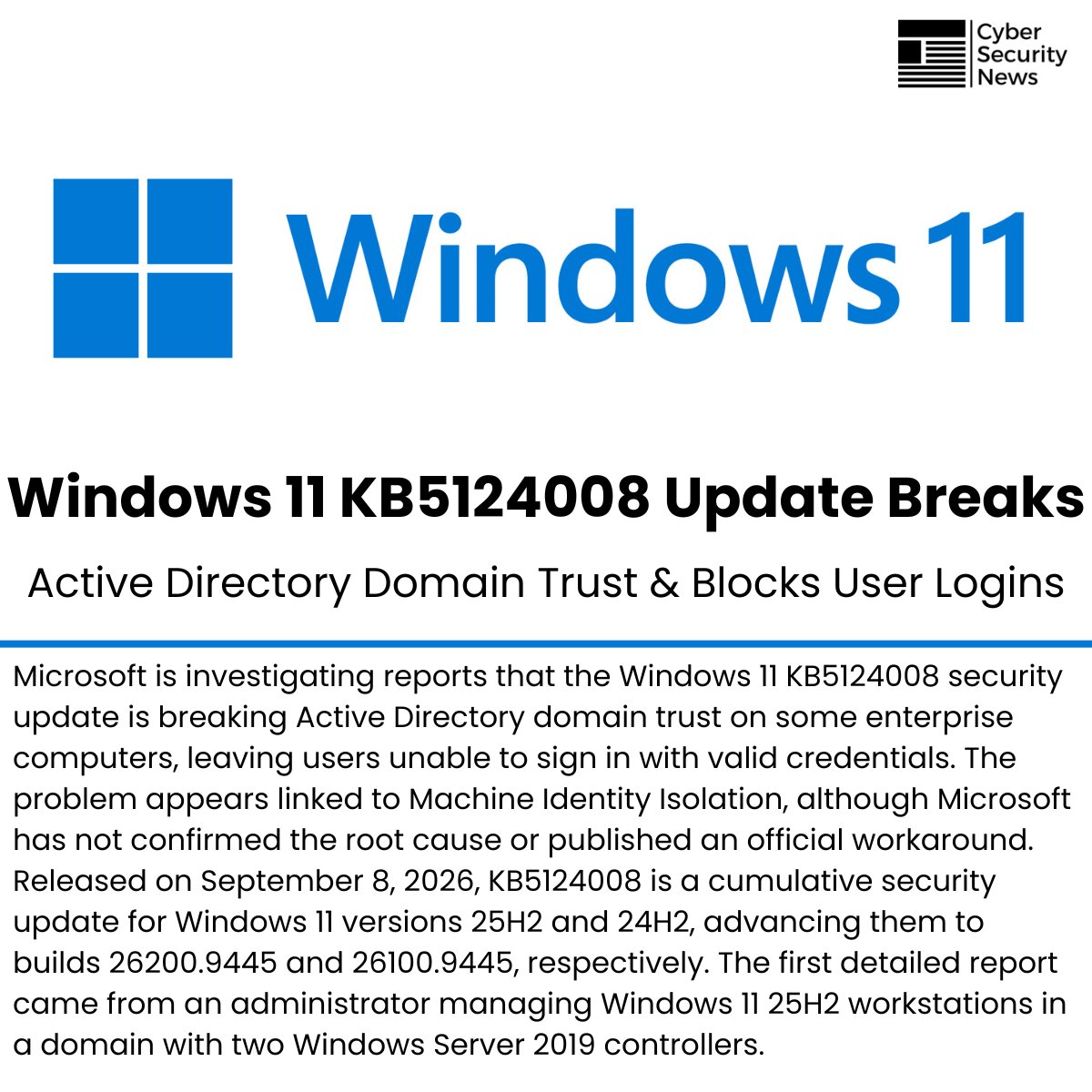 The_Cyber_News's tweet photo. ⚠️  Windows 11 KB5124008 Update Breaks Active Directory Domain Trust & Blocks User Logins 

Details: https://t.co/uTejHJFhNB

Microsoft is investigating reports that the Windows 11 KB5124008 security update is breaking Active Directory domain trust on some enterprise computers, leaving users unable to sign in with valid credentials.

The problem appears linked to Machine Identity Isolation, although Microsoft has not confirmed the root cause or published an official workaround.

Released on September 8, 2026, KB5124008 is a cumulative security update for Windows 11 versions 25H2 and 24H2, advancing them to builds 26200.9445 and 26100.9445, respectively.

The first detailed report came from an administrator managing Windows 11 25H2 workstations in a domain with two Windows Server 2019 controllers.

#cybersecuritynews #windows11