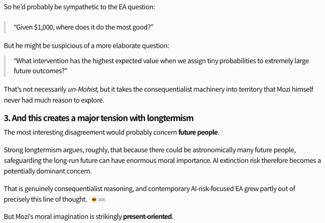 VitalikButerin's tweet photo. AI on how Mozi would feel about modern effective altruism - the similarities and the differences (especially with the AI-risk-focused variety) https://t.co/yehVyus06q