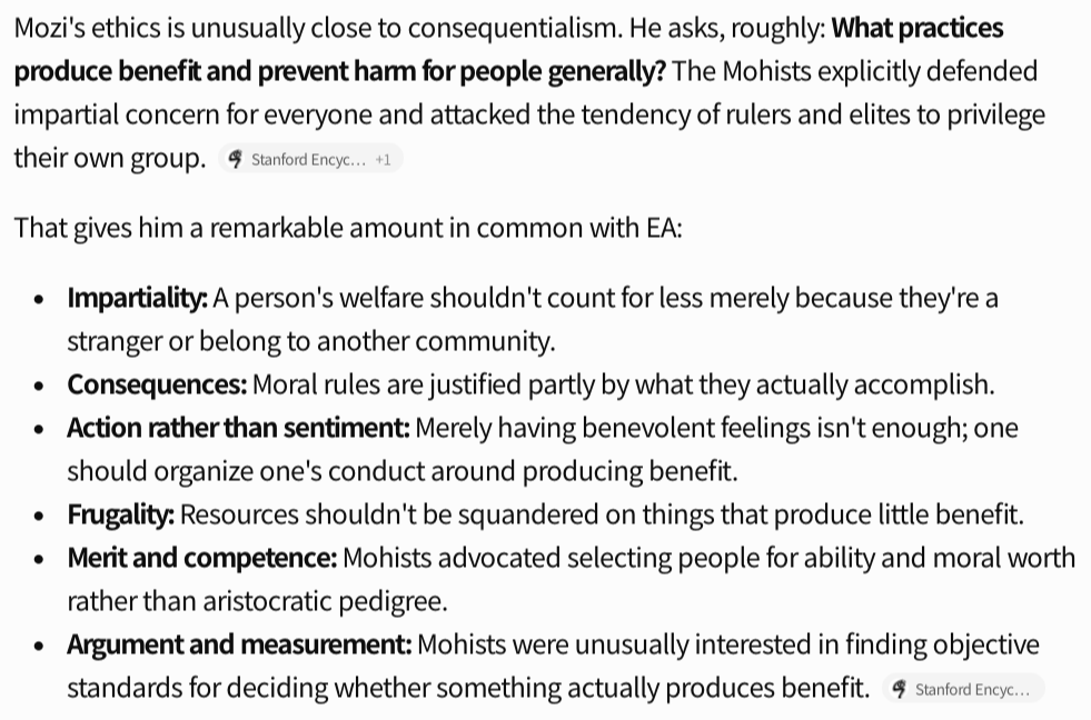 VitalikButerin's tweet photo. AI on how Mozi would feel about modern effective altruism - the similarities and the differences (especially with the AI-risk-focused variety) https://t.co/yehVyus06q