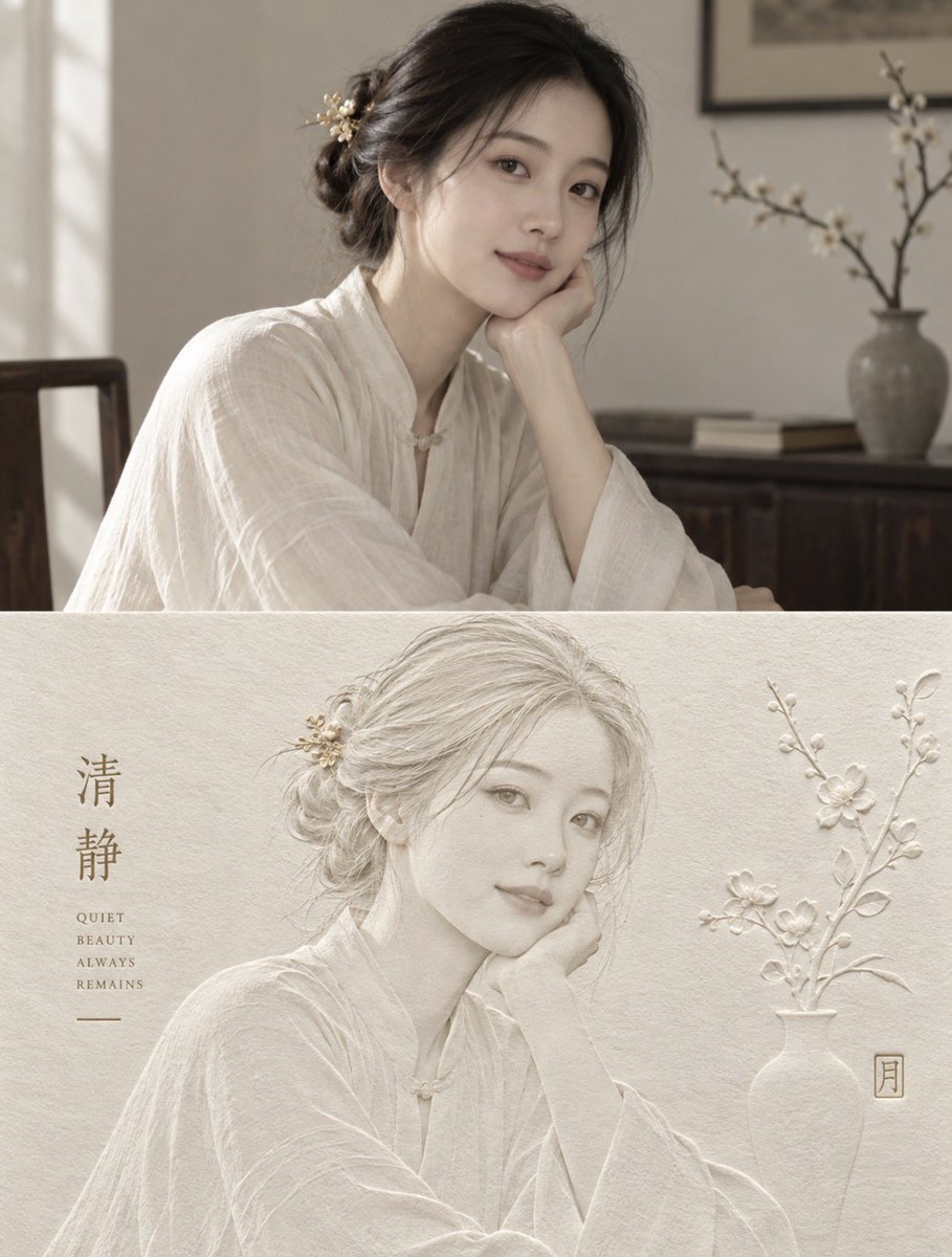 zhidawang219555's tweet photo. 这组质感真的绝了…🤍✨🌙
人物和宠物做成这种 东方感压印浮雕，高级又安静，像展览海报一样有气质。特别适合做 人像写真、古风气质照、猫狗形象、纪念感照片，一秒把普通照片拉到艺术品级别～

评论区留下你的作品，一起解锁有趣的风格～
提示词我放评论区啦👇

#gptimage #prompt #人物宠物形象 https://t.co/Hx2aKQBjVx
