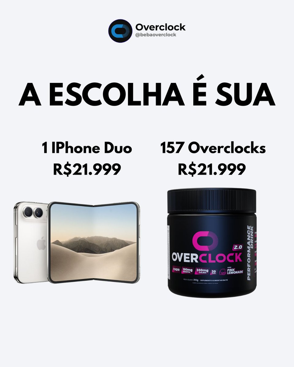 bebaoverclock's tweet photo. 📱 1 iPhone ou 157 Overclocks?
A escolha é sua… mas a gente sabe qual rende mais horas de performance. 
Enquanto o iPhone entrega tecnologia, o Overclock 2.0 entra na rotina de quem precisa manter foco, concentração, energia e desempenho mental no game, nos estudos, no trabalho ou no treino.

Com cafeína, colina, tirosina, inositol, CoQ10 e vitaminas, a fórmula foi pensada pra quem quer continuar produzindo e performando quando o dia aperta.

No fim, a pergunta é simples:

Você quer 1 celular… ou Overclock pra quase o ano inteiro? 

#overclock #bebaoverclock #performance #foco #concentracao