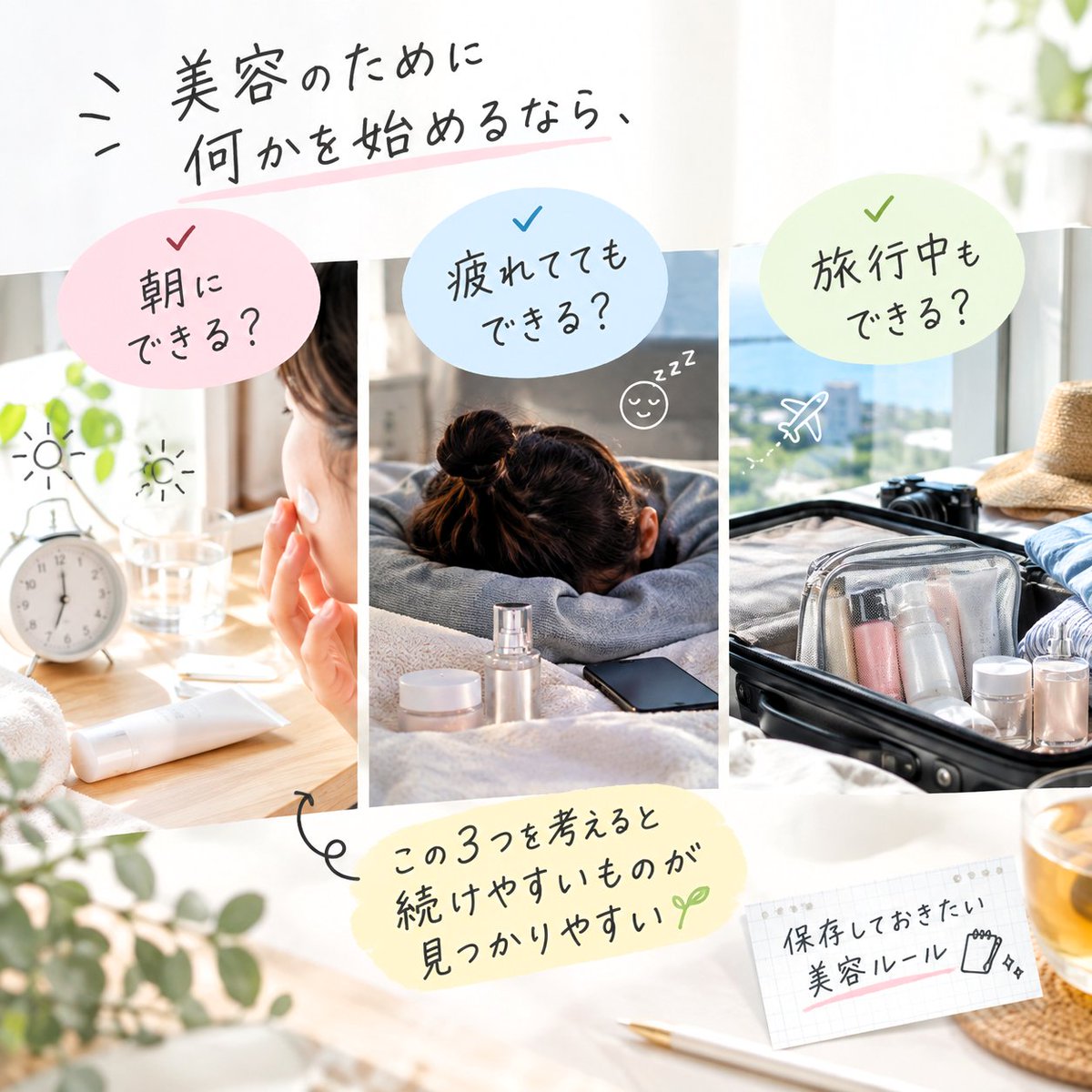 AIguts1's tweet photo. 美容のために何かを始めるなら、
「朝にできる？」
「疲れててもできる？」
「旅行中もできる？」
この3つを考えると
続けやすいものが見つかりやすい🌿
保存しておきたい美容ルール📝✨
#美容習慣 #自分磨き #美容垢 https://t.co/qj1zdACY22