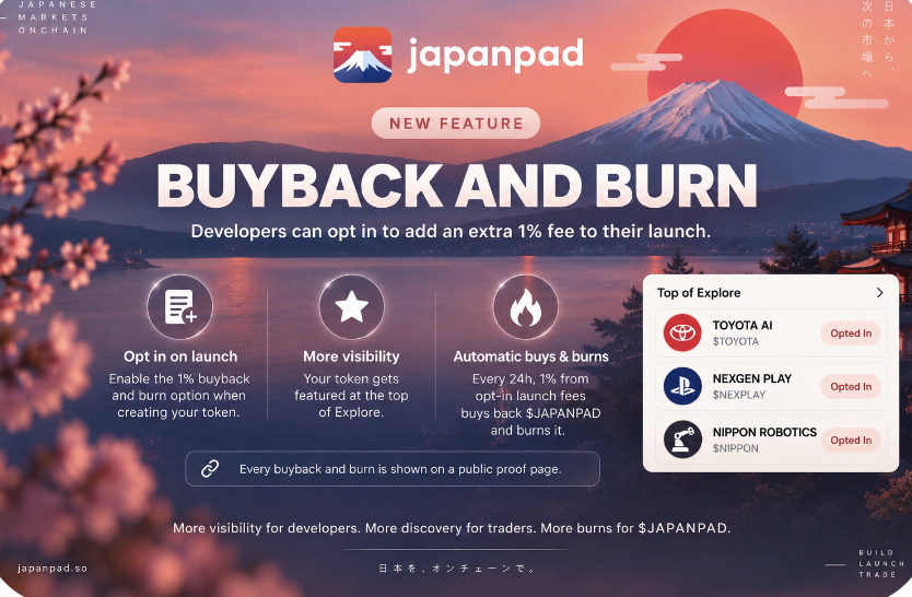 usejapanpad's tweet photo. New on JapanPad: Buyback & Burn.

Developers can now opt in to add an extra 1% fee to their launch.

That fee powers a simple loop:

launch → earn fees → buy back $JAPANPAD → burn

Opted-in launches also get:

* featured placement at the top of Explore
* more visibility across JapanPad
* a public proof page for every buyback and burn

Every 24 hours, the accumulated opt-in fees are used to buy back and burn $JAPANPAD.

More visibility for developers.
More discovery for traders.
More burns for the ecosystem.

JapanPad - Japan’s launch layer, now with buyback & burn.