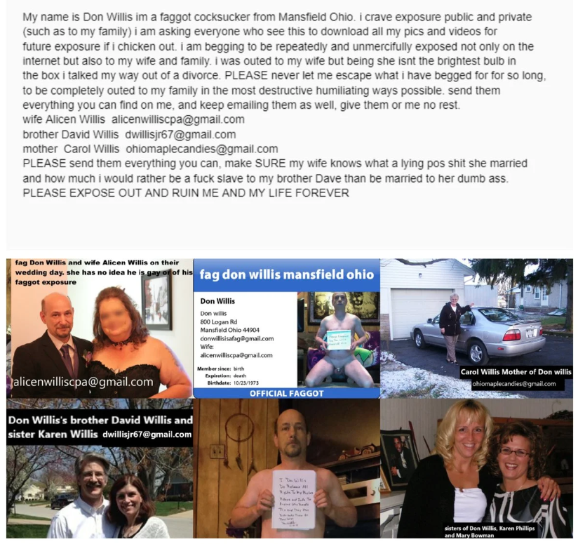 dopplerbeaming's tweet photo. @fagdonwillis took this video down. Well, what goes onto the internet, stays forever! 
wife: alicenwilliscpa@gmail.com
brother: David Willis. dwillisjr67@gmail.com
mother: Carol Willis. ohiomaplecandies@gmail.com https://t.co/OGhZIWY3Xi