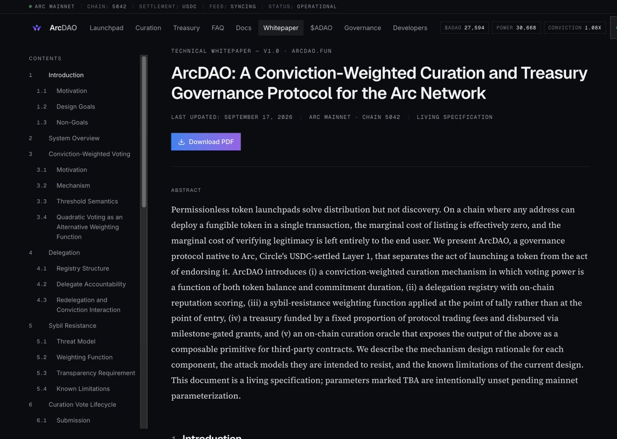 arcdaodotfun's tweet photo. Published the ArcDAO technical whitepaper.

Full mechanism design, organized into sections: conviction-weighted voting, delegation and redelegation semantics, sybil-resistance weighting, milestone-gated treasury disbursement, and the on-chain curation oracle interface.

PDF available for download alongside the on-site version.

https://t.co/d9CzN1wRat