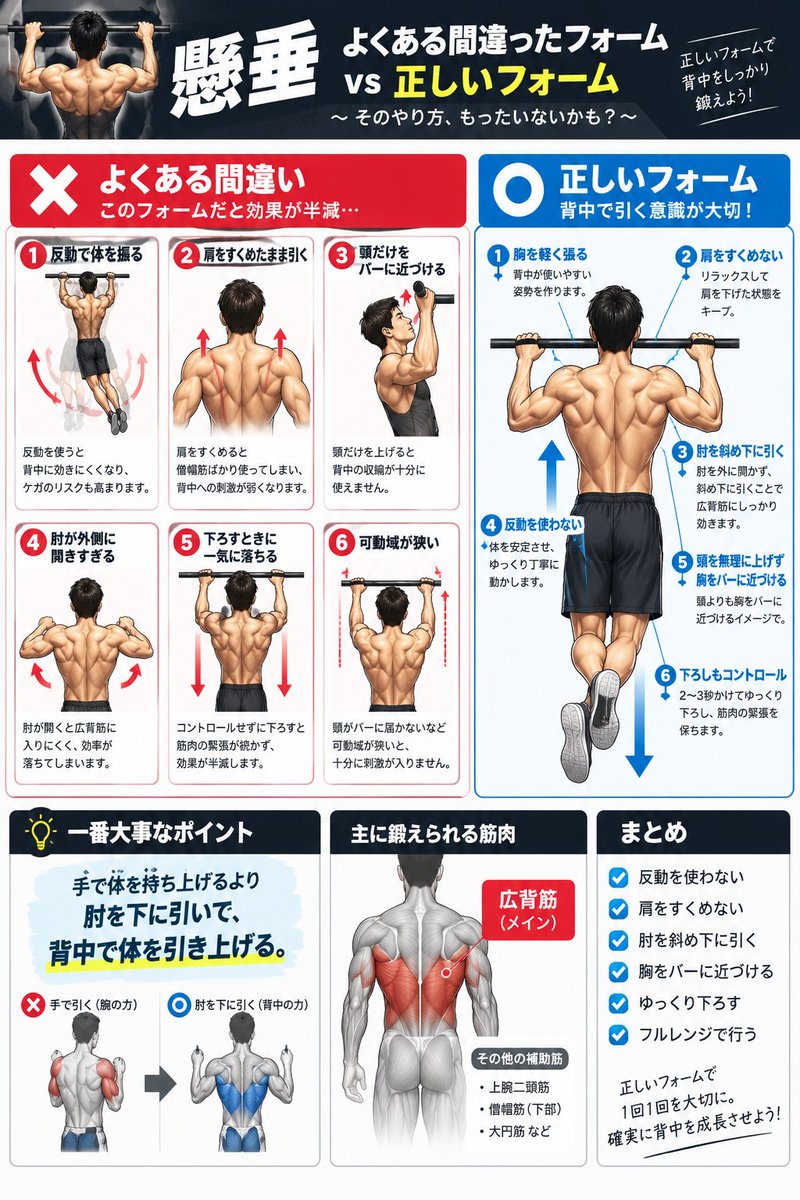 kazuki_liftlife's tweet photo. 懸垂、回数だけ追ってない?・・

フォームを変えるだけで、背中への刺激はかなり変わります。

❌よくあるNG

・反動で体を振る

・肩をすくめる

・顎だけバーに近づける

・肘が外に開きすぎる

・下ろすときに落ちる

・可動域が狭い

⭕意識したいこと

「手で引く」より「肘を下に引く」

胸を軽く張って、背中で体を引き上げる。

懸垂は回数より、1回1回を丁寧に

#筋トレ #懸垂 #背中トレ #筋トレ豆知識 #介護士