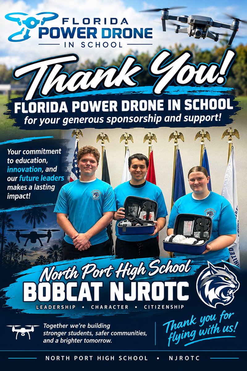 BobcatNation24's tweet photo. North Port NJROTC would like to show our appreciation to Florida Power for their support &amp; sponsorship for the Drones In School Program! #fpl #florida #jrotc #stem  #drone #education #FutureLeaders https://t.co/I8J75BMa2u