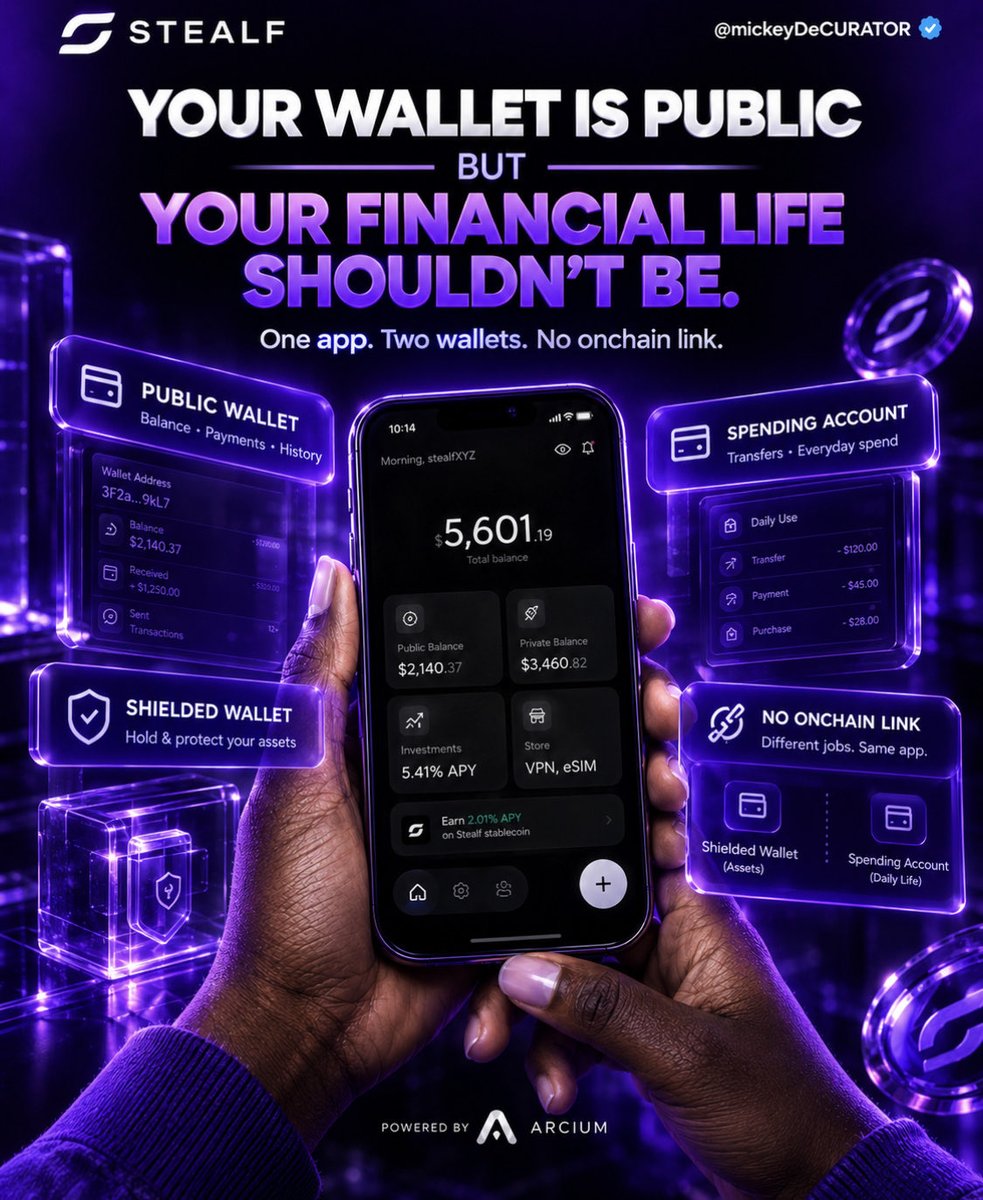 mickeyDeCURATOR's tweet photo. Let’s talk about something most people in crypto ignore until it slaps them in the face.

Your Solana wallet is public.

Not “a little public.”
Not “only if you dox yourself.”
Public by default.

╰➤ Balance.
╰➤ Payments.
╰➤ History.

Anybody can paste the address into an explorer and read your financial life like a group chat that never gets deleted.

That’s the part people skip.

Think about how money works in real life for a second.

You don’t paste your salary in the street.
You don’t leave your bank statement on the table at a bukka.
You don’t tell the person behind you in line how much you sent your family last week.

Not because you’re doing anything illegal but because that’s just how money is supposed to work, don’t get me wrong, privacy is normal, but onchain?, they removed the curtains and called it transparency.

Sit with this properly yeah, sad truth about most onchain privacy is if I know your public wallet, I can see:

➝ how much is sitting there
➝ when money came in
➝ when money left
➝ which addresses you interacted with
➝ when your balance jumped
➝ when your balance dropped after a big spend

That’s not onchain culture,that’s a glass house and everyday finance cannot live in a glass house. This is why a lot of people still treat crypto like casino money instead of real money because real money needs privacy.

If your employer, your ex, your landlord, a stranger, or some random tracker can watch every move, you will never use that wallet the way you use your bank app that’s the adoption problem nobody wants to say out loud.

╰➤ Crypto can be fast.
╰➤ Crypto can be global.
╰➤ Crypto can be cheap.

But if every wallet is a public statement, normal people will definitely keep one foot outside.

This is where @STEALFxyz comes in, Stealf is the privacy layer for everyday finance on Solana,not another hide everything and hope compliance disappears story they built it the way people actually live with money.

╰➤ One app.
╰➤ Two wallets.
╰➤ No onchain link between them.

That’s the whole design, In simple terms, think of it like two pockets.

Pocket 1:
╰➤ Your shielded wallet.
╰➤ This is for your assets.
╰➤ The part you don’t want sitting on a public 
╰➤ explorer for anybody to refresh.

Pocket 2:
╰➤ Your spending account.
╰➤ This is for daily life.
╰➤ Transfers. Everyday spend. The money that needs to move like cash.

Same app right, but Different jobs, No public trail tying them together. That’s the point, cause most wallets give you one address and say good luck but the moment you receive, spend, or move anything, the full picture stays attached to that same public wallet.

Stealf splits the job, Shielded wallet = hold and protect while Spending account = live your life.

And because there is no onchain link between them, using money for daily things does not automatically expose the wallet holding your assets.

For somebody new to crypto yeah; See a normal Solana wallet is one glass box, savings and spending live in the same place. Anybody who finds the address can watch both.

But Stealf is one app with two sides:
 ➝ one side built for privacy ➝ one side built for everyday use ➝ the two are not chained together onchain

That is what they mean by privacy layer for everyday finance, one important detail, so this stays accurate:Moving funds into the shielded wallet can still be visible, what Stealf is changing is what happens after that, and the fact that the everyday account is not tied onchain to the wallet holding your assets.

The private wallet is powered by Umbra. @Arcium sits underneath that with a multi party computation, making confidential operations not sit in the open the way a normal Solana transfer does.
