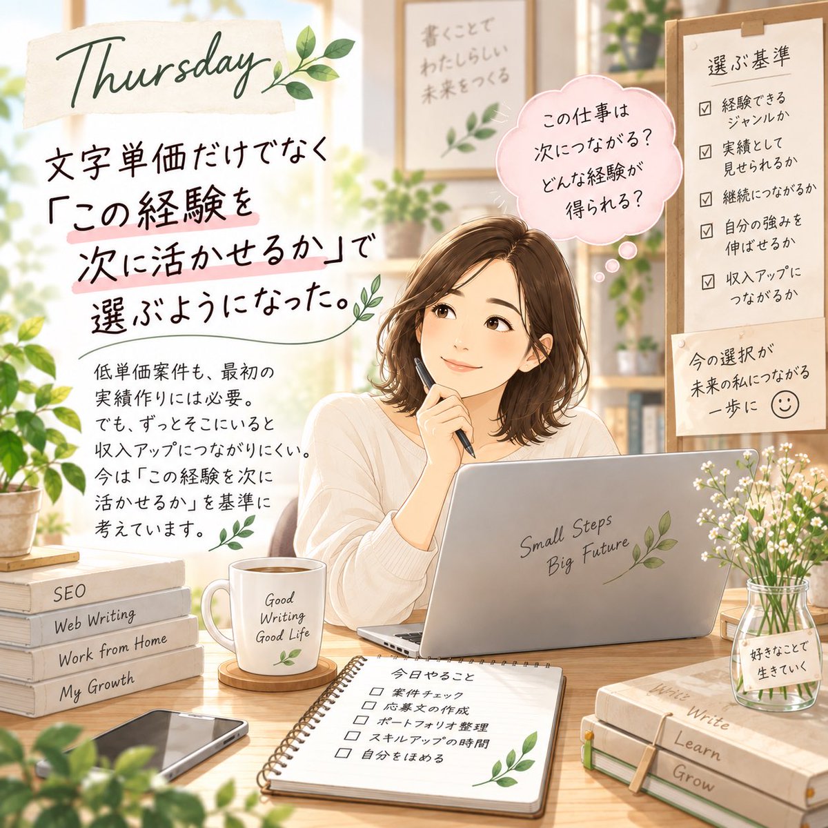 naoyoj8's tweet photo. 最近は、文字単価0.5円以下の案件にも以前ほど応募しなくなりました。

低単価案件も最初の実績作りには必要。

でも、ずっとそこにいると収入アップにつながりにくい。

今は「この経験を次に活かせるか」を考えています。 https://t.co/InIYJMQgr0