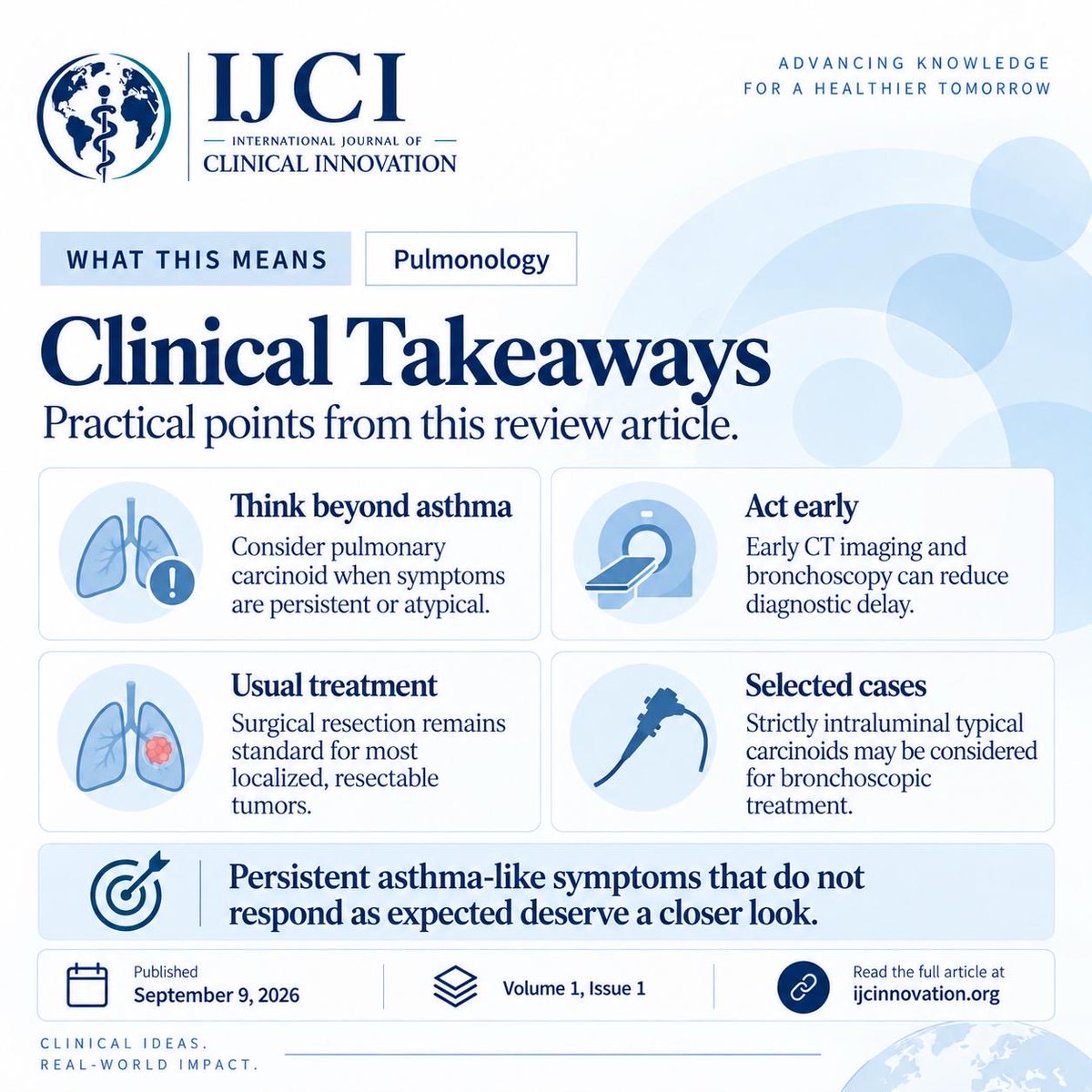 IJCInnovation's tweet photo. Pulmonary carcinoid tumors can mimic asthma—persistent cough, wheeze, or dyspnea deserve a closer look. 🫁

This IJCI review highlights key diagnostic clues, work-up, and treatment considerations for these uncommon neuroendocrine tumors.

🔗 https://t.co/OOD1t8v7c1

#Pulmonology https://t.co/QApt85IV1W