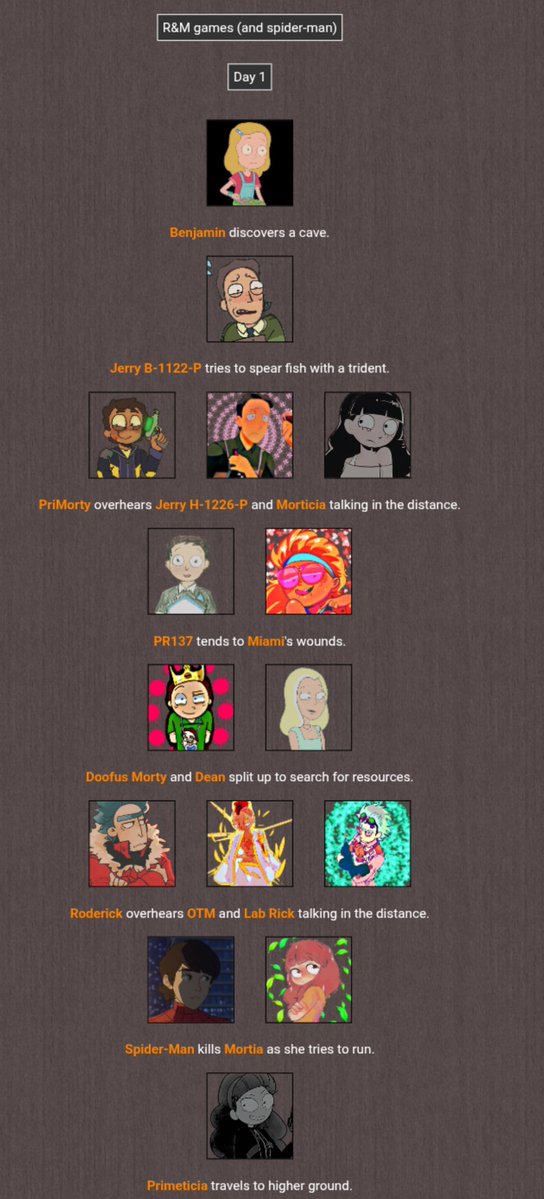 ThePrimeMorty's tweet photo. Day one has come and gone! Slick Morty as dramatic as he is....has already died of dehydration.... tragic...and Spider-man..."hero" of the people has murdered dear dear Mortia.... https://t.co/o1hYHOWMh7