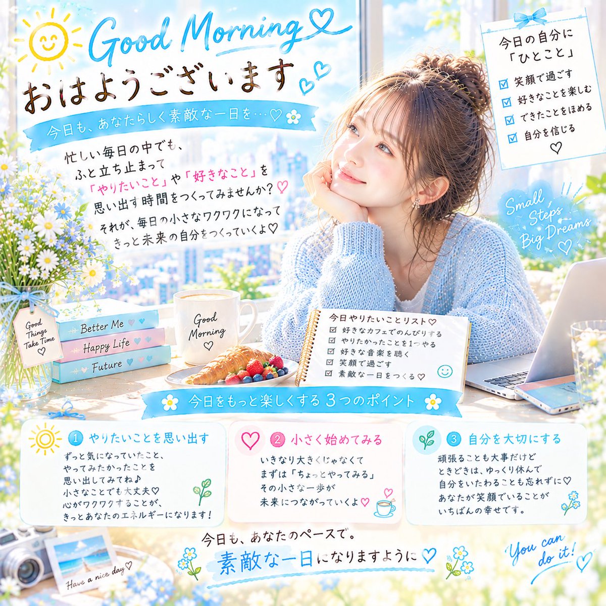dbs_future's tweet photo. おはようございます☀️🩵

忙しい毎日の中でも、
「好きなこと」を思い出す時間を大切に🌸

やりたいことは、
いきなり大きく始めなくて大丈夫😊

小さな一歩が、
未来の自分につながっていく🌿

今日も自分のペースで♡
素敵な一日を✨

#おはよう #小さな一歩 #自分らしく #小さな幸せ #前向き https://t.co/t0W4M7f4Uf