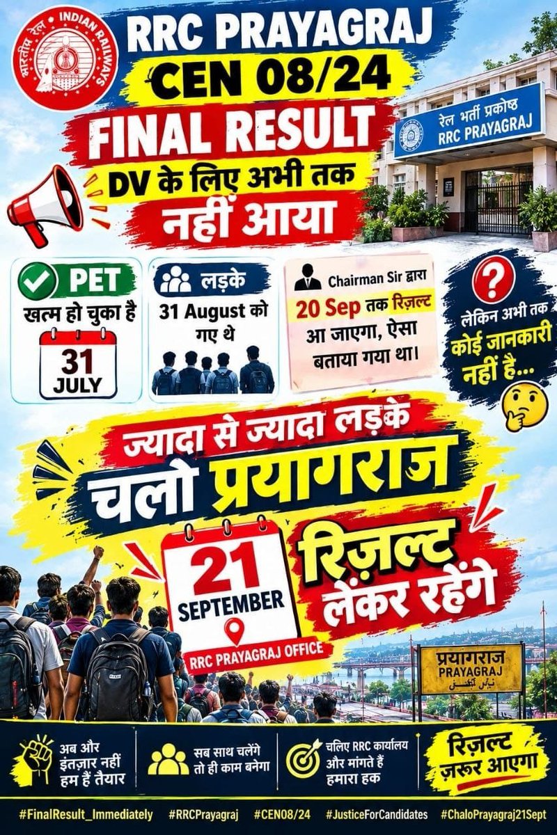 HarshitMishraH4's tweet photo. 🚨 CEN 08/2024 | GROUP D | RRC PRAYAGRAJ माननीय @CPRONCR सर 🙏RRC Prayagraj में Group D CEN 08/2024 की PET प्रक्रिया 31 जुलाई 2026 को समाप्त हो चुकी है।कृपया अभ्यर्थियों को बताने का कष्ट करें कि DV एवं Medical का Schedule/Notice @CPRONCR @AshwiniVaishnaw
#RRCPrayagrajResult https://t.co/CI3yhZPDI4