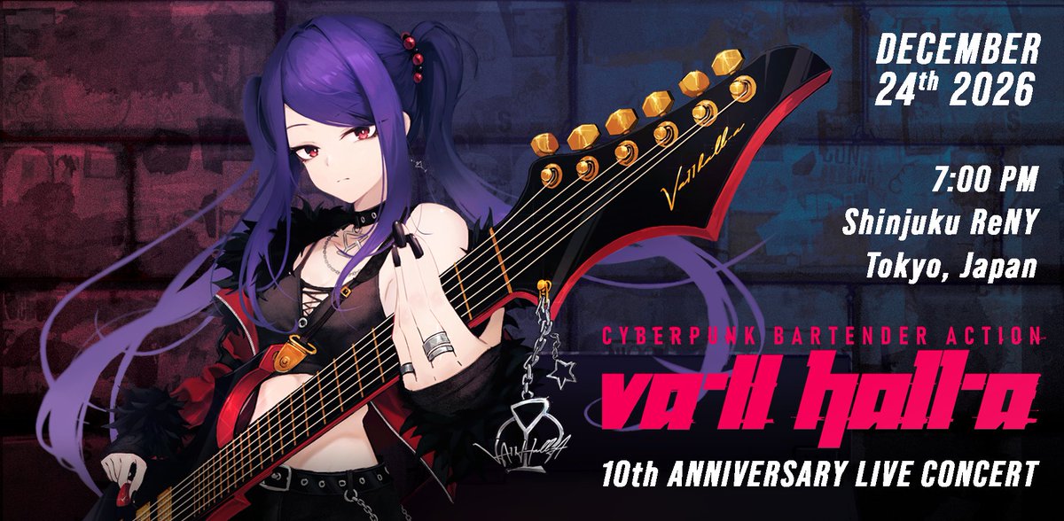 SukebanGames's tweet photo. 待たせたな！VA-11 Hall-A１０周年記念ライブコンサートは2026年12月24日、東京・新宿ReNYで開催だ。

チケットの販売は9月25日の20:00 JST / 11:00 UTC / 07:00 EDT。詳細はPeatixから確認してくれ。https://t.co/zJvbSnvn16

Artwork by @rnna_7 https://t.co/OMXnN6LS47