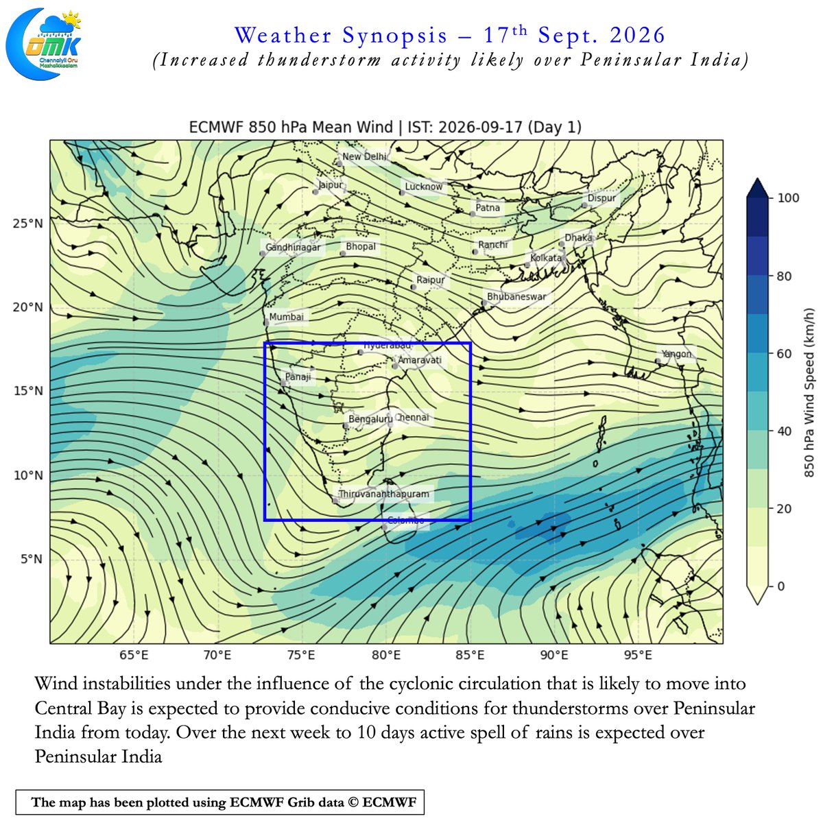 ChennaiRains's tweet photo. As Bay of Bengal gets ready to host yet another Low Presssure Area in the next 48 hours or so an active spell of rainfall is likely over Peninsular India for the next week to 10 days. Increased thunderstorm activity likely from today with wind steering becoming favourable once again for coastal areas. Models converging on NW Interior Tamil Nadu and North TN to benefit the most from this period of thunderstorm activity. There is a high chance today may be the last day of hot summer like conditions for North Coastal TN if things go as per model estimates over the next couple of weeks.