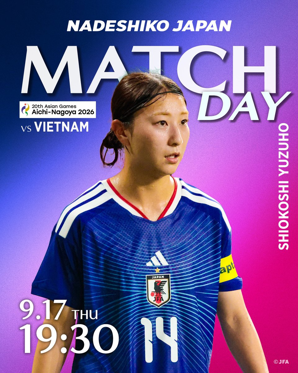 jfa_nadeshiko's tweet photo. 🔹━━━━━
 𝐌𝐀𝐓𝐂𝐇 𝐃𝐀𝐘
　　 ━━━━━🔹

連勝でノックアウトステージ進出へ。
ベトナム戦も勝利を目指す✨

🏆第20回アジア競技大会（2026／愛知・名古屋）
⚔️グループステージ第2節
🗓9.17(木) ⌚️19:30(予定)
🆚ベトナム女子代表🇻🇳
🏟小笠山総合運動公園エコパスタジアム(静岡)
📱U-NEXT

#塩越柚歩 
@AsianGames_2026 #IPPO
#なでしこジャパン #サッカー日本代表
