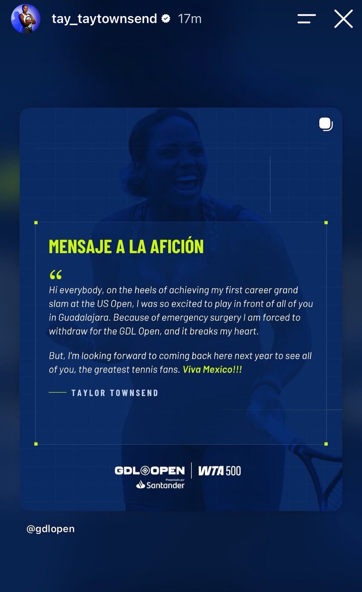 lawanda50's tweet photo. Taylor Townsend had to have emergency surgery. No other details provided. Hope she is okay and heals soon. BTW she is or was in Guadalajara as she played and won this past Monday.  ❤️‍🩹 https://t.co/H2Q3xH8R33