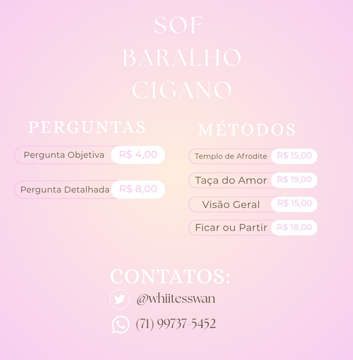 whiitesswan's tweet photo. Meu nome é Sof, sou uma cartomante iniciante e esse é o meu catalogo! Tô com a mesa aberta agora🩷
Entre em contato:https://t.co/uoS8iD62L8 https://t.co/NiOR4mESv2