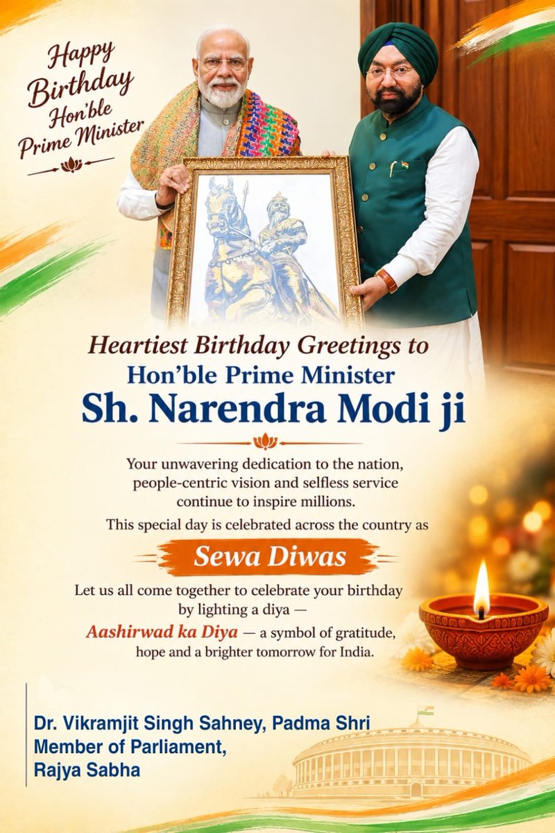 vikramsahney's tweet photo. Heartiest birthday greetings to Hon’ble Prime Minister Shri @NarendraModi Ji. 🇮🇳

Your unwavering dedication, tireless service and vision for a Viksit Bharat continue to inspire millions across the nation.

On this special day, we celebrate not merely a birthday, but a life devoted to Seva, Sankalp and Nation First.

May your leadership continue to illuminate India’s path towards a stronger, more prosperous and self-reliant future.

On your birthday, I offer my heartfelt wishes and join the nation in marking this day as a Sewa Diwas—with gratitude, hope and the spirit of service.

May the light of the “Aashirwad ka Diya” continue to guide our collective journey towards a brighter Bharat. 🪔🇮🇳

May you be blessed with good health, happiness and strength to continue serving the nation.
#happybirthdaynarendramodi 
#HappyBirthdayPMModi
@BJP4India