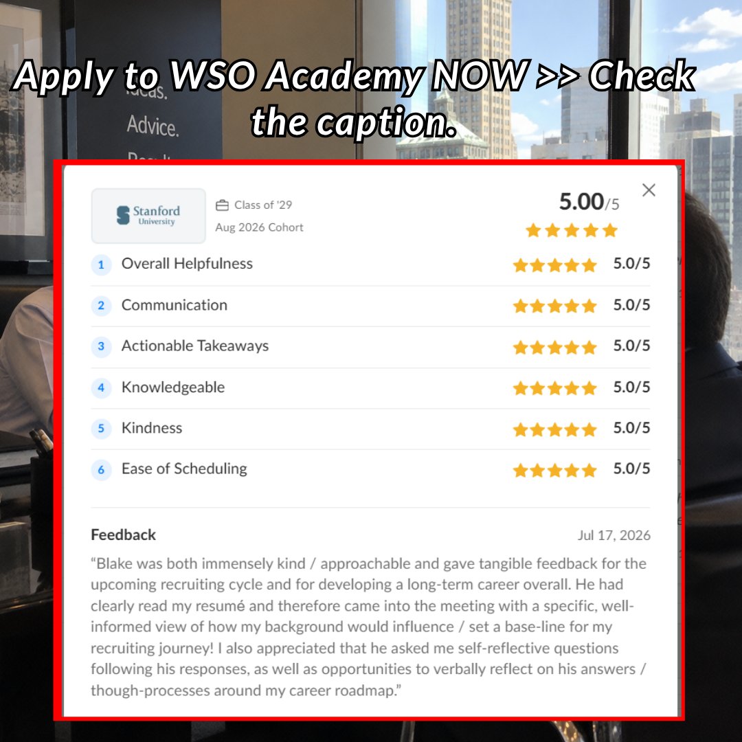 WallStreetOasis's tweet photo. Nobody tells you this until it’s too late: The students who land Goldman, Blackstone, McKinsey offers usually started preparing MONTHS before applications opened. Meanwhile, everyone else waits for the “perfect time” to start.

And the worst part?
They realize too late that recruiting doesn’t reward potential.
It rewards preparation.

😬 Especially if you’re from a non-target.

You can be smart, hardworking, ambitious—and still lose to someone who simply had better guidance and a system.

That’s exactly why WSO Academy exists.

🔥 We help students compress the learning curve FAST.⏳ 
The students getting offers are already preparing.
The question is: will you?

👉 Apply to WSO Academy NOW >>  https://t.co/fseaVNCQ1z