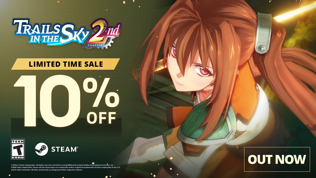 GungHo_America's tweet photo. Trails in the Sky 2nd Chapter is OUT NOW on Steam! 🌟

Embark on Estelle's epic journey with a 10% discount, now through 9/23!

Play now: https://t.co/pxD9cs4wtY https://t.co/WxkX9XMl2T