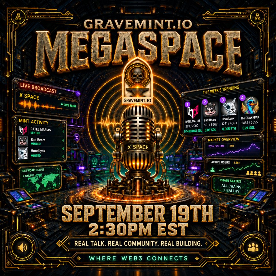 gravemint's tweet photo. https://t.co/MfshNQKj6W MEGASPACE goes down Saturday 

📅 September 19th 
🕝 2:30 PM EST 
💀 Sponsored by solana:DEADsWJZaonaiZPFkrqEEBGf43mzA5uHeHpwgy9dW666 

Want in on the live giveaways?
✅Like, comment & RT or QT this post
✅Join the Megaspace

Set a reminder: https://t.co/vwEka00Cao